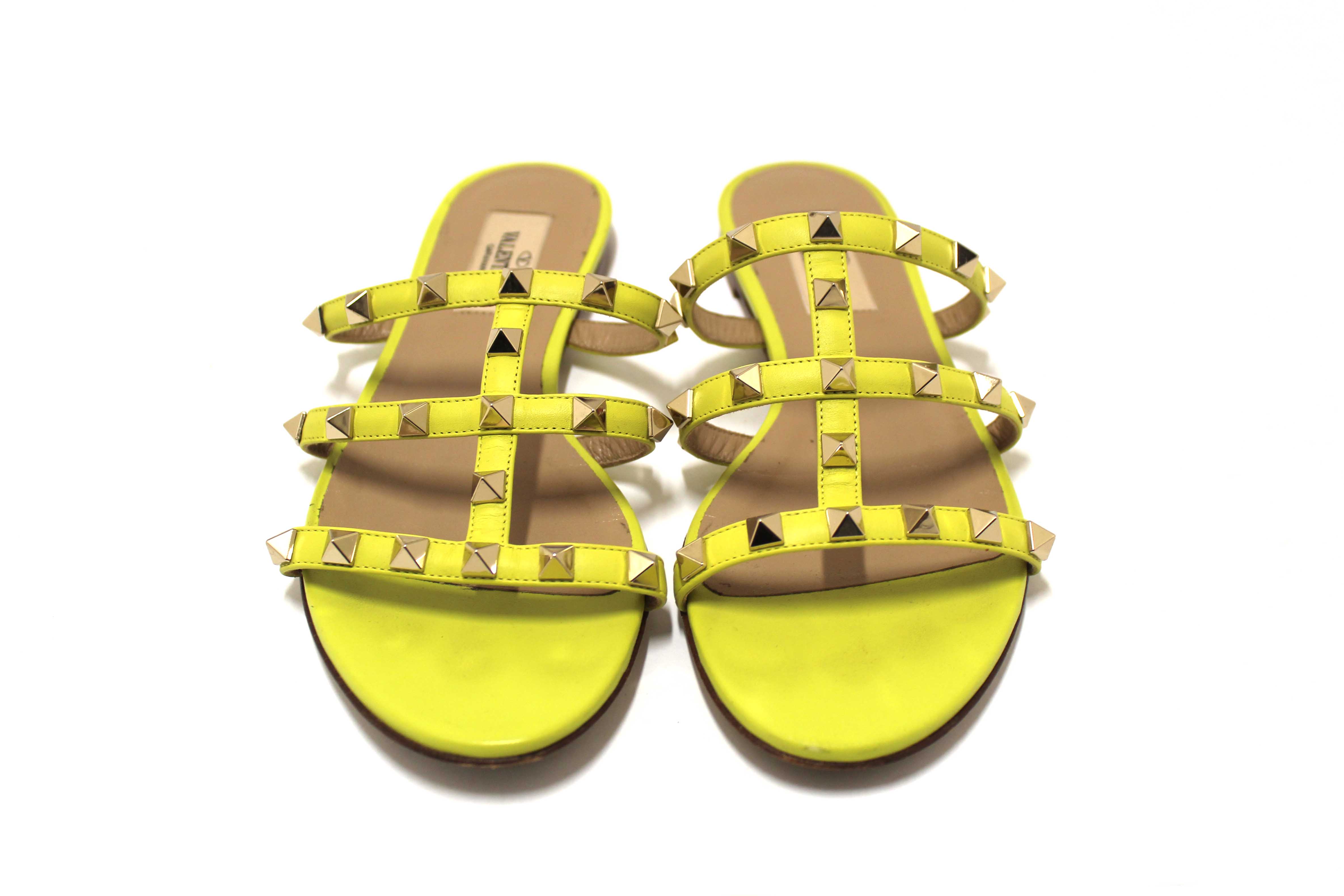 Authentic Valentino Yellow Calfskin Leather Rockstud Slide Sandals Shoes Size 36.5