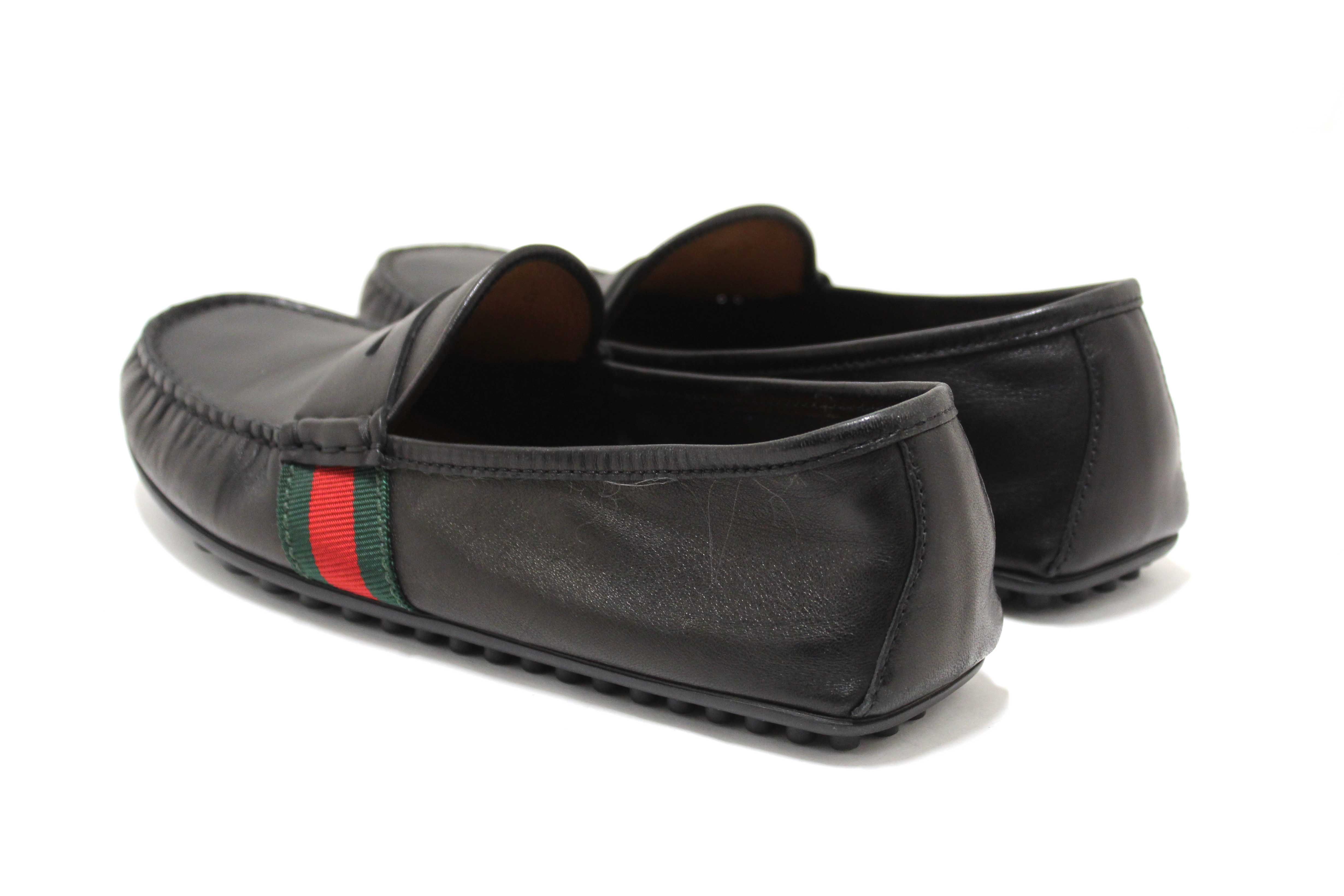 Authentic Gucci Black Calf Leather Kid's Driver with Web Detail Loafers Size 4.5