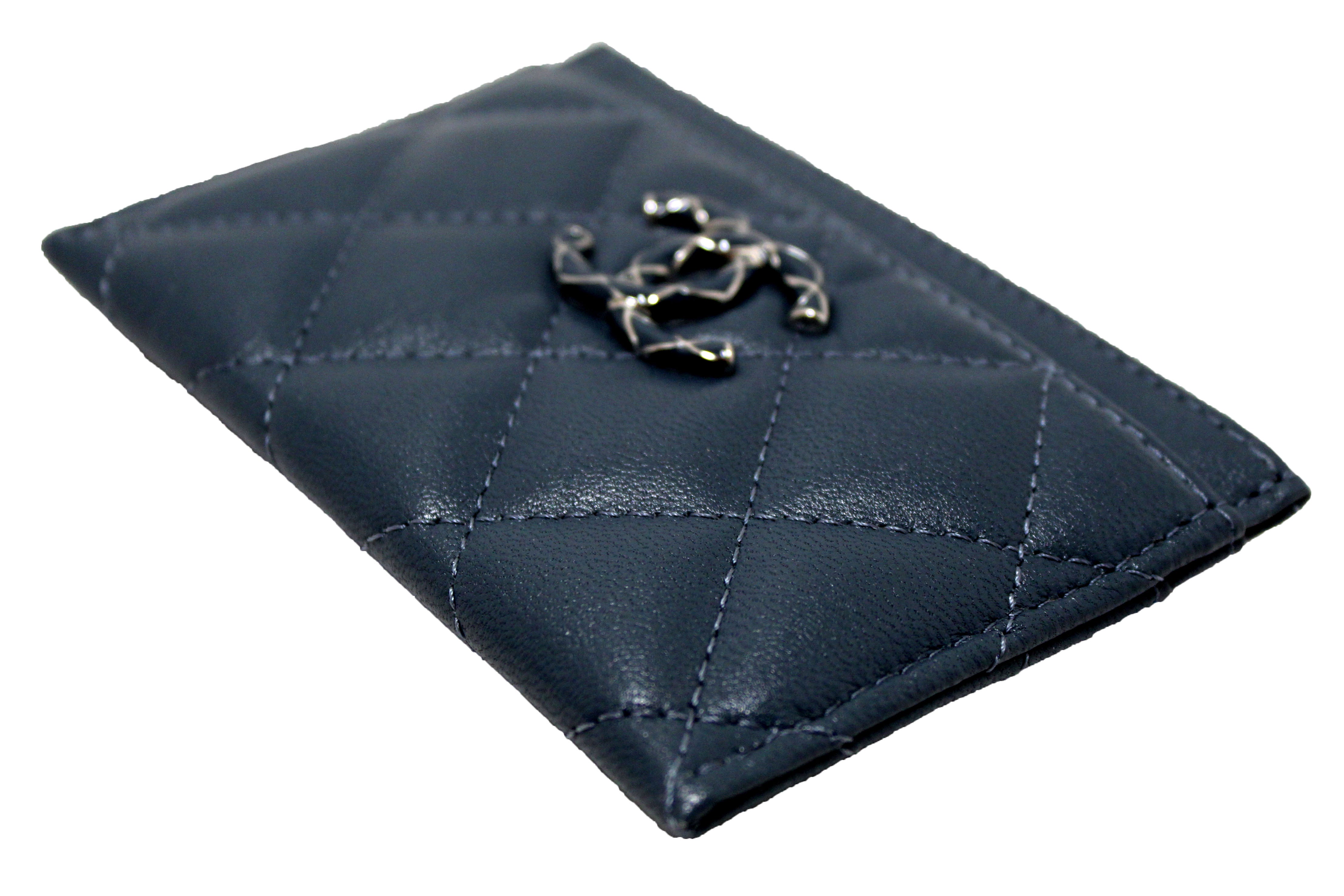 Authentic Chanel Blue Quilted Lambskin Leather Card Holder