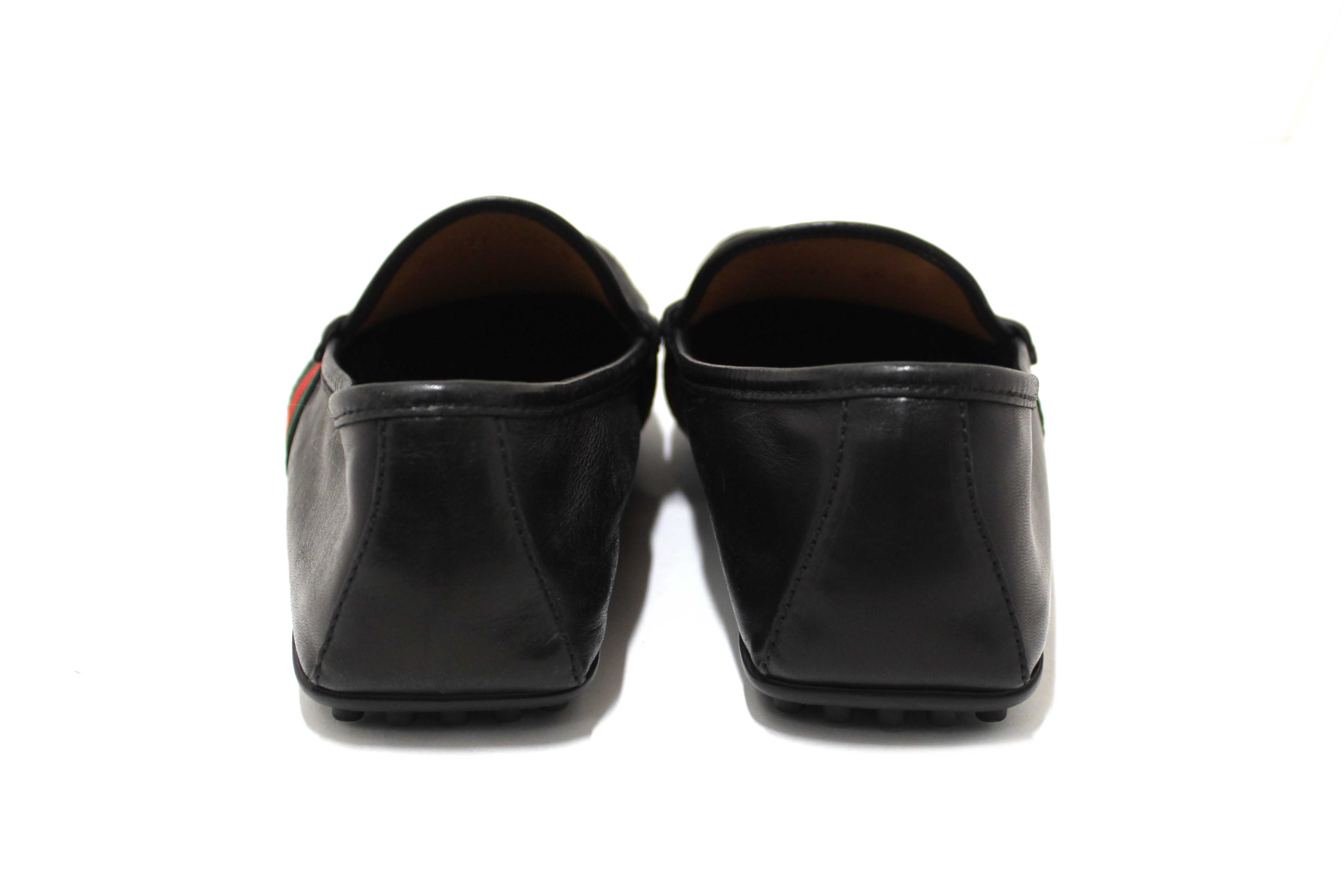 Authentic Gucci Black Calf Leather Kid's Driver with Web Detail Loafers Size 4.5