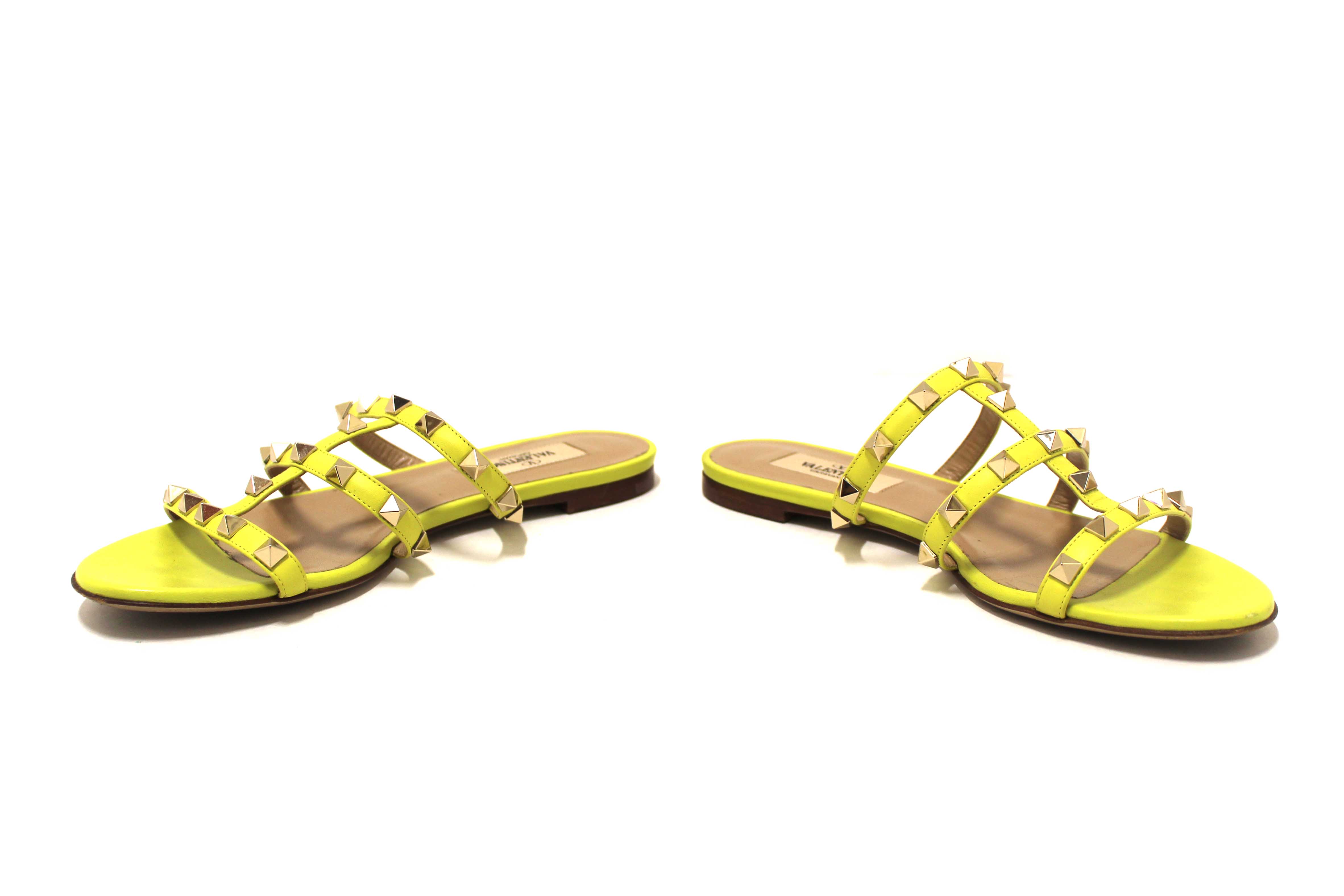 Authentic Valentino Yellow Calfskin Leather Rockstud Slide Sandals Shoes Size 36.5