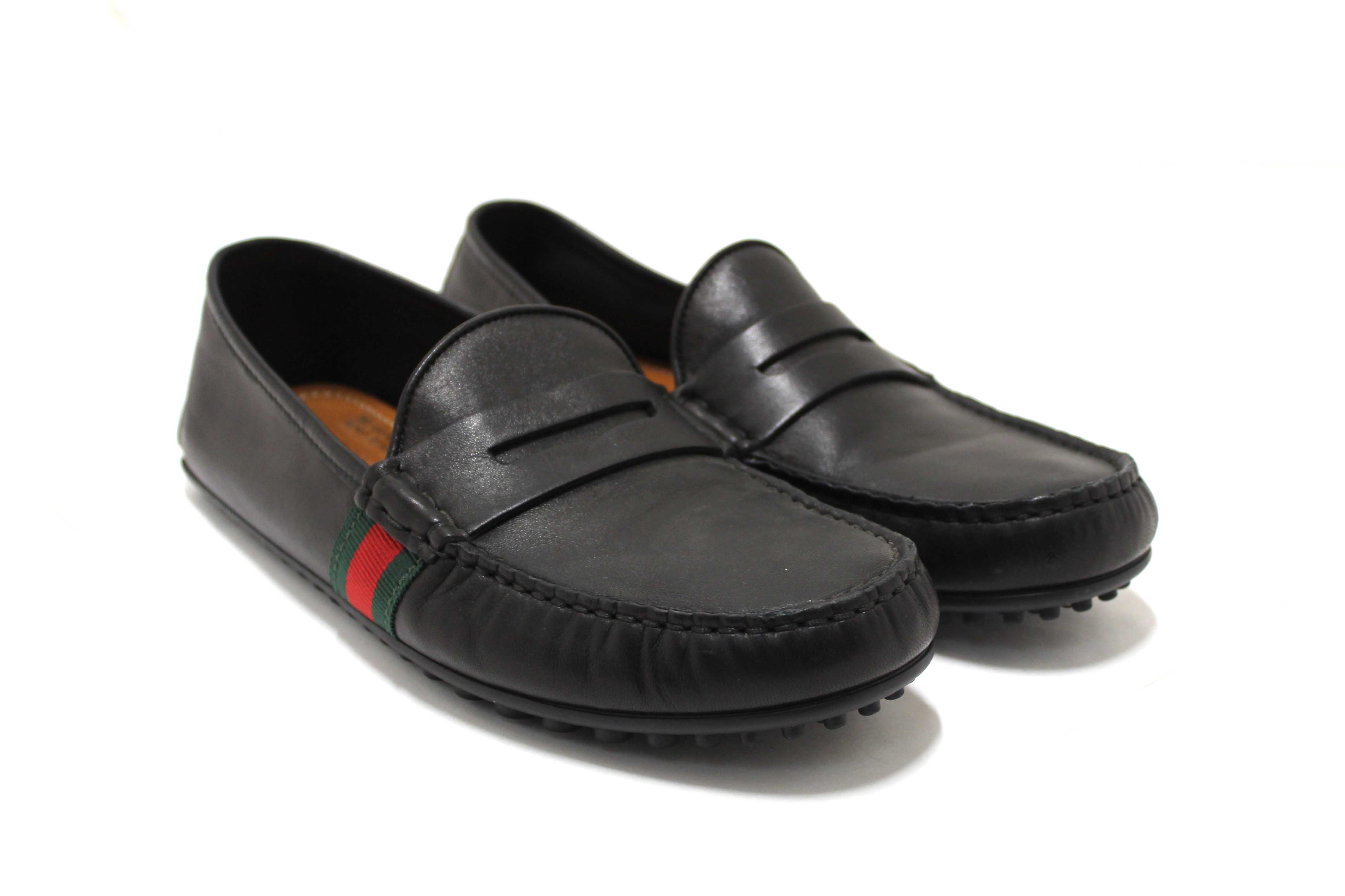 Authentic Gucci Black Calf Leather Kid's Driver with Web Detail Loafers Size 4.5