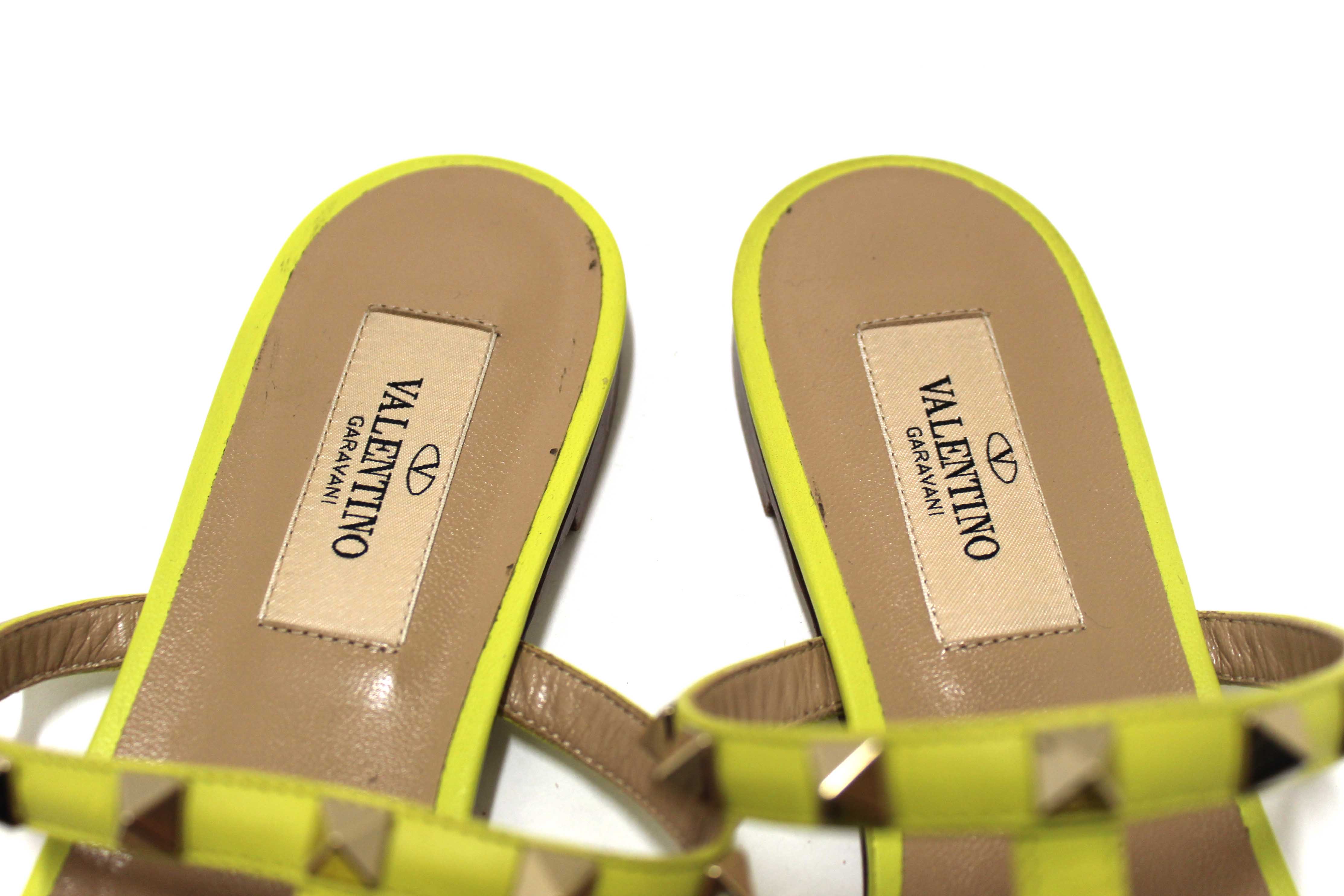 Authentic Valentino Yellow Calfskin Leather Rockstud Slide Sandals Shoes Size 36.5
