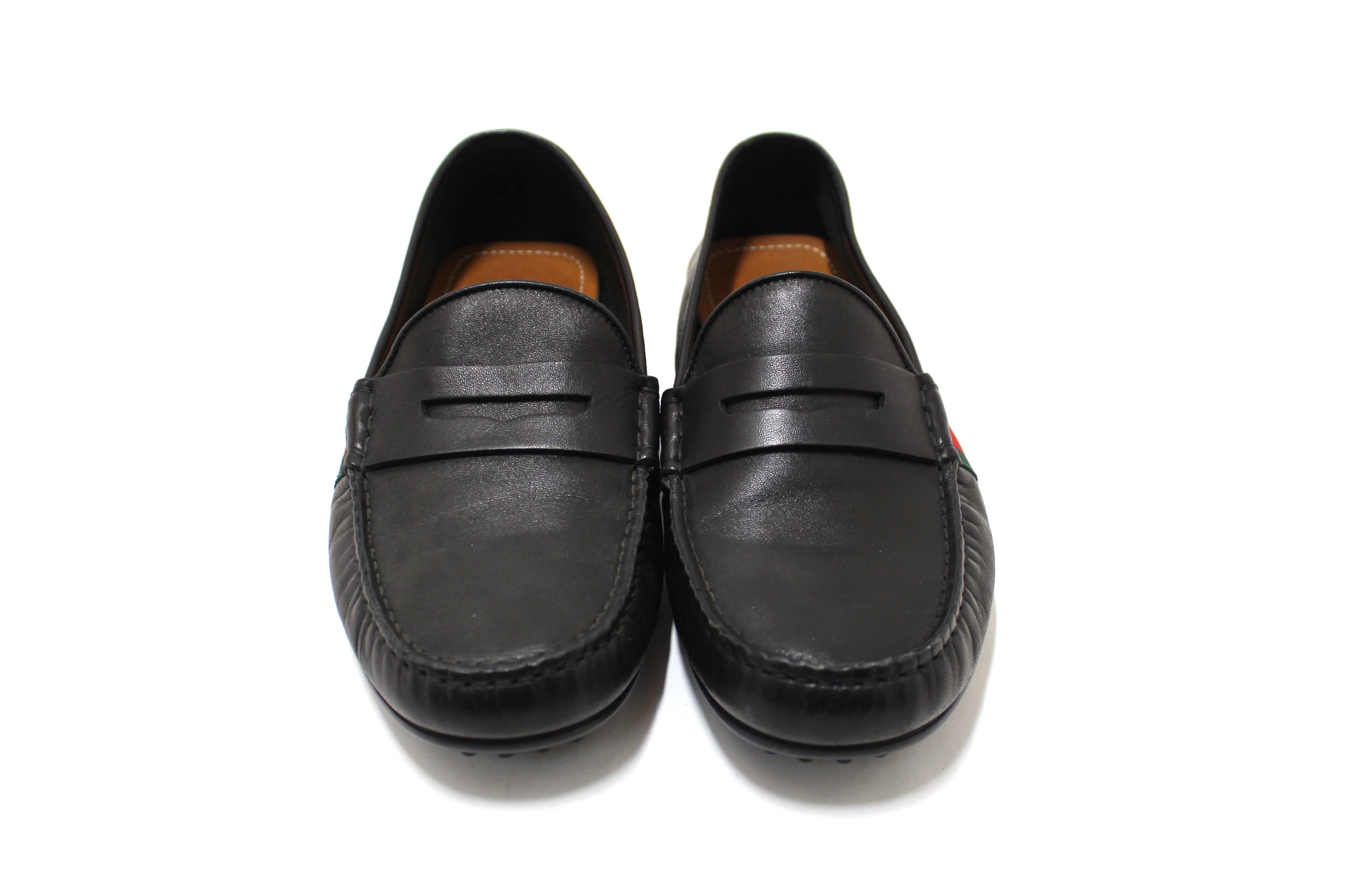 Authentic Gucci Black Calf Leather Kid's Driver with Web Detail Loafers Size 4.5