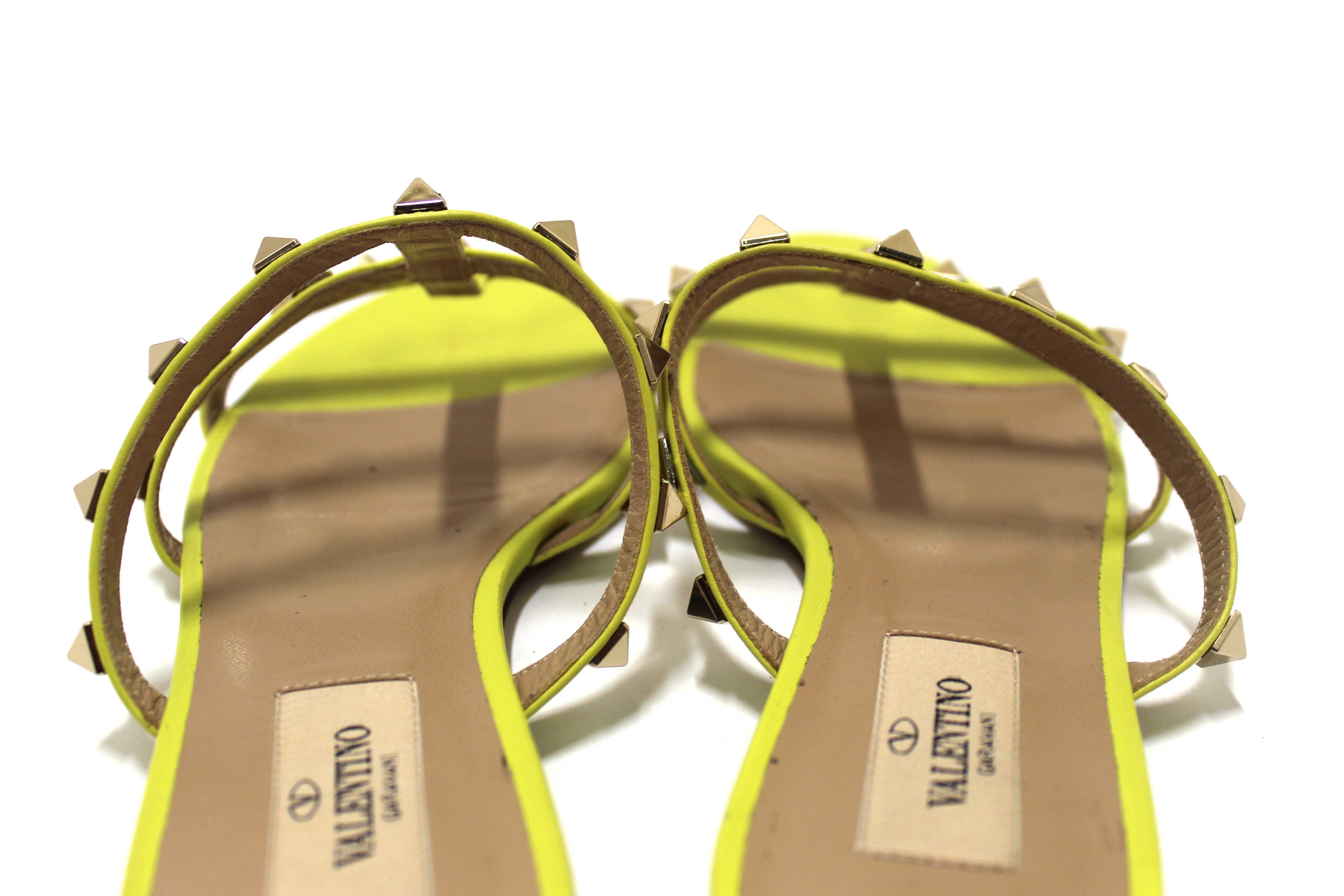 Authentic Valentino Yellow Calfskin Leather Rockstud Slide Sandals Shoes Size 36.5