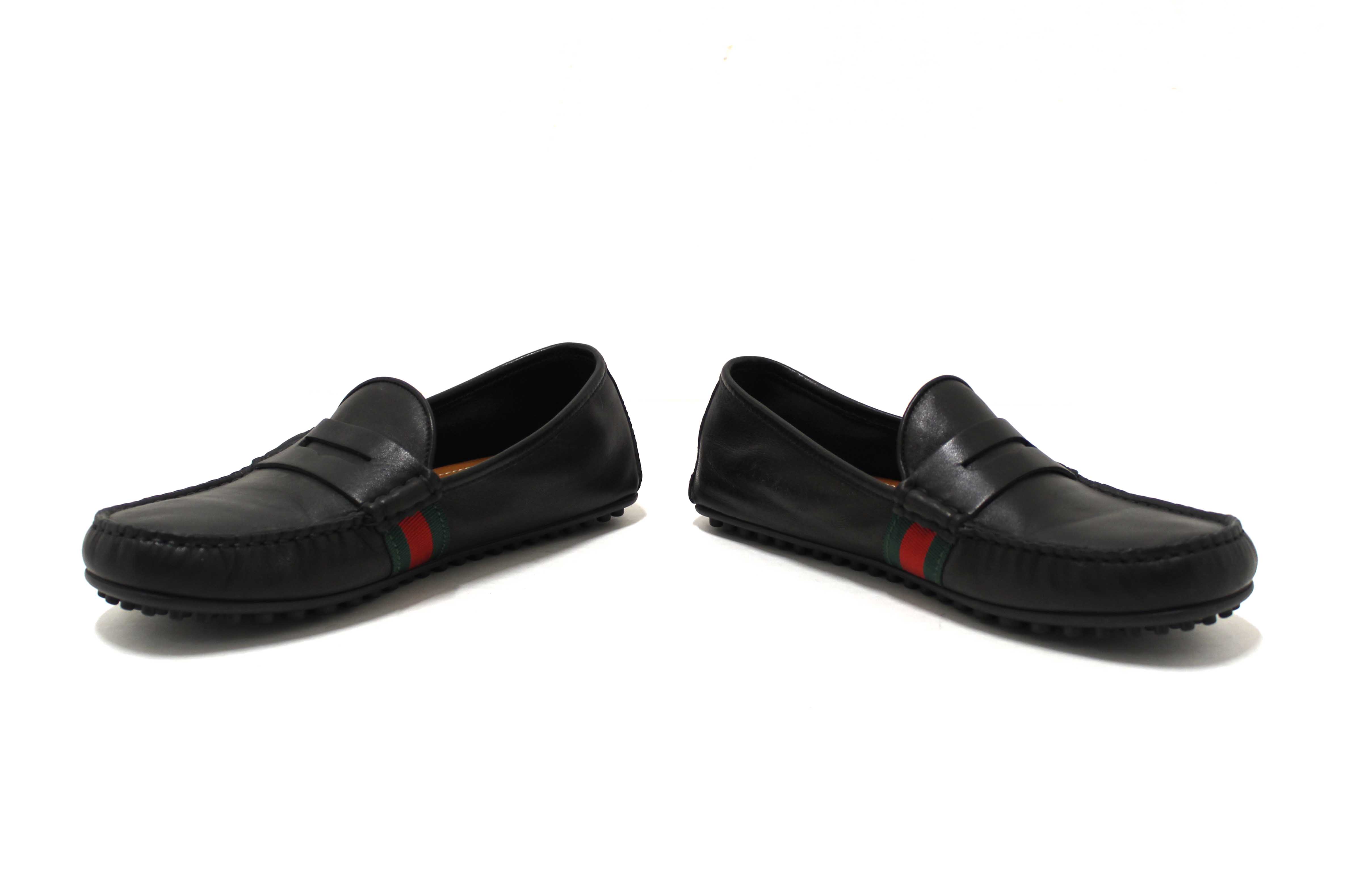 Authentic Gucci Black Calf Leather Kid's Driver with Web Detail Loafers Size 4.5