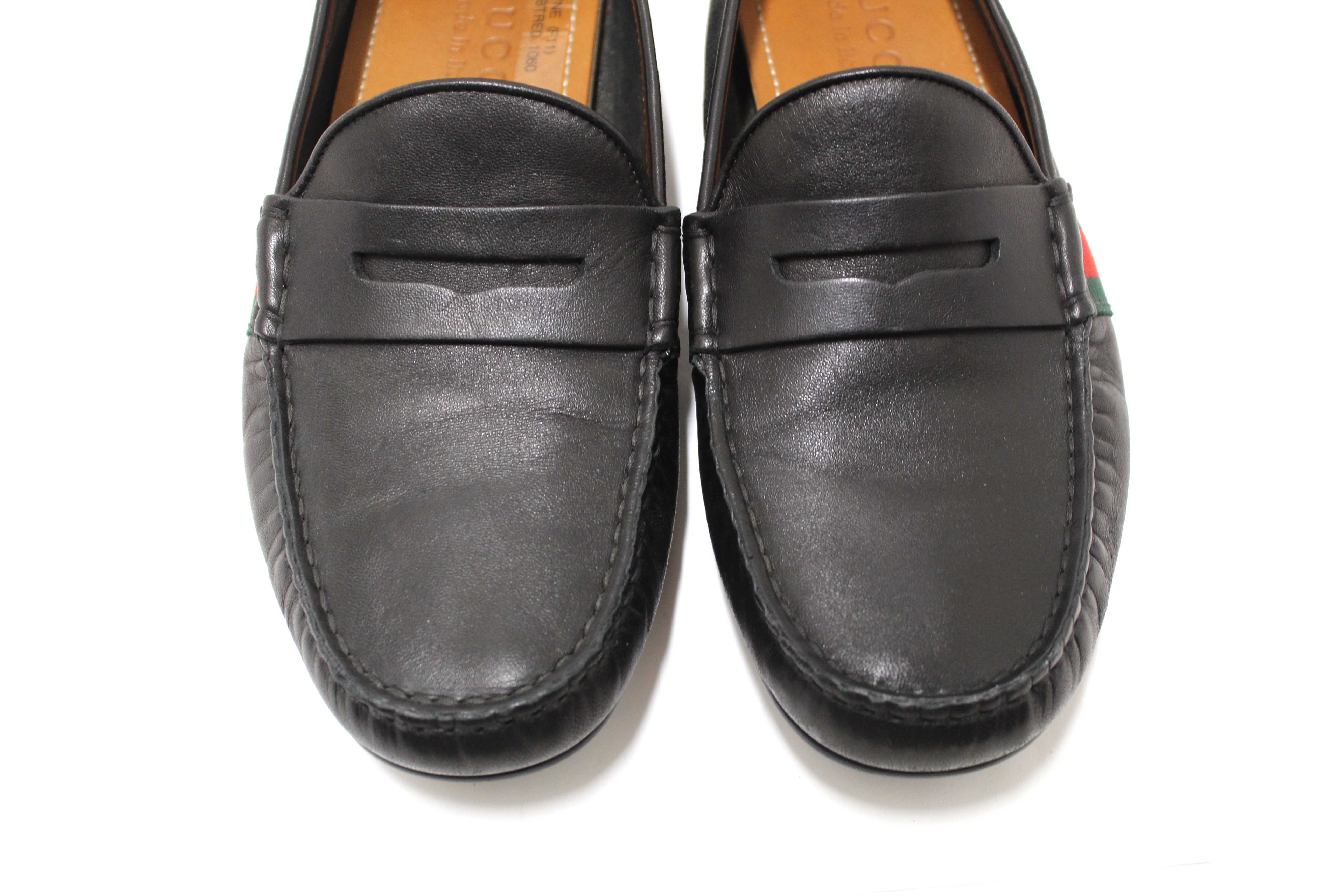 Authentic Gucci Black Calf Leather Kid's Driver with Web Detail Loafers Size 4.5
