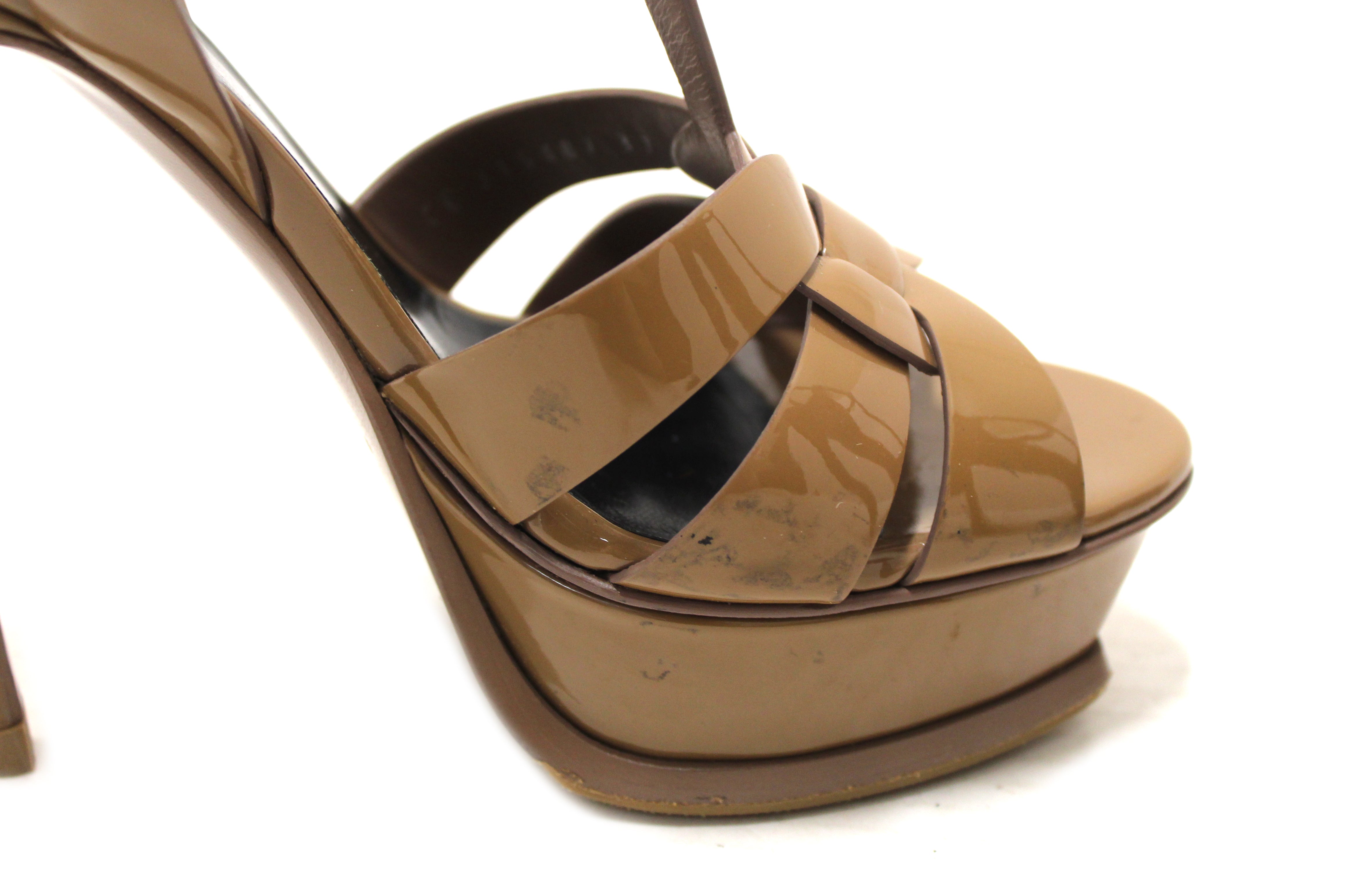 Authentic Yves Saint Laurent YSL Brown Patent Leather Tribute Platform Sandals Size 37