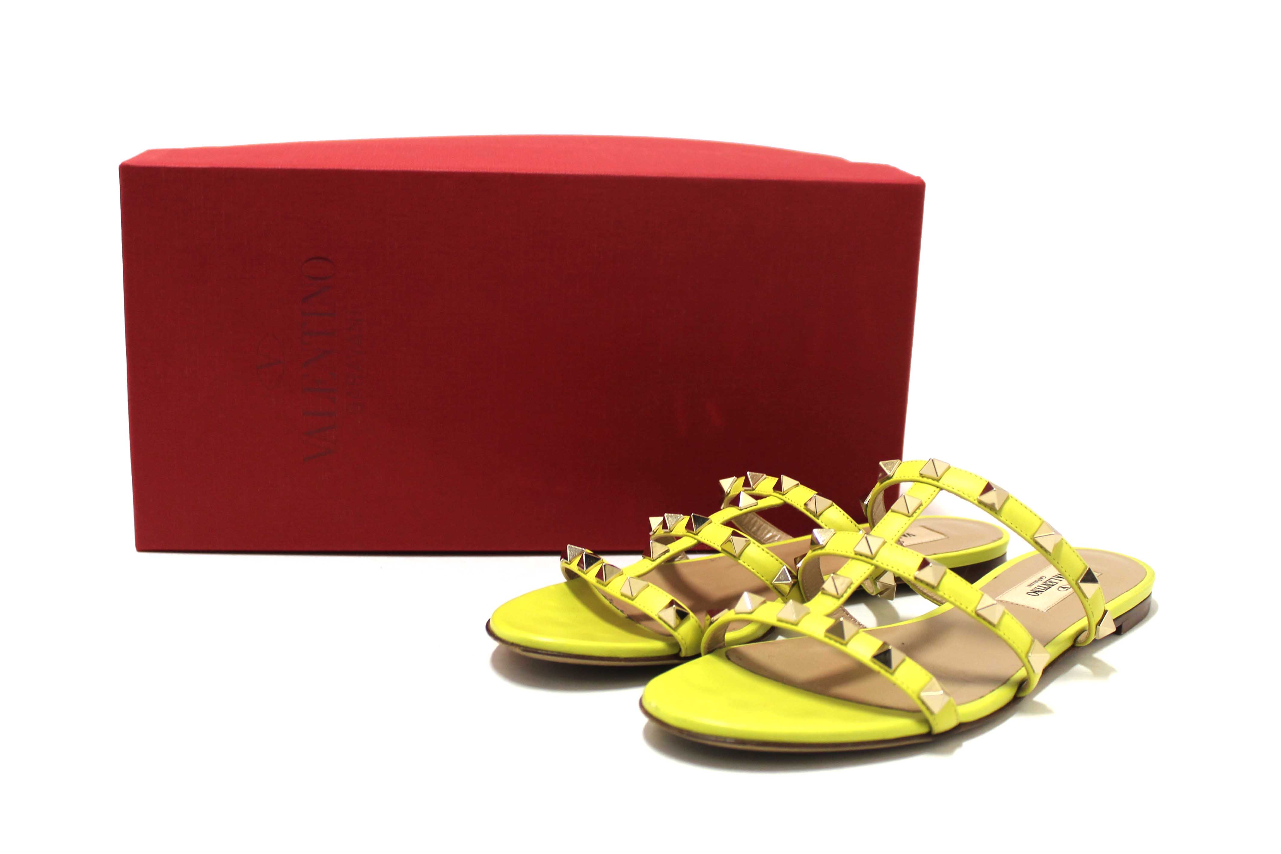 Authentic Valentino Yellow Calfskin Leather Rockstud Slide Sandals Shoes Size 36.5