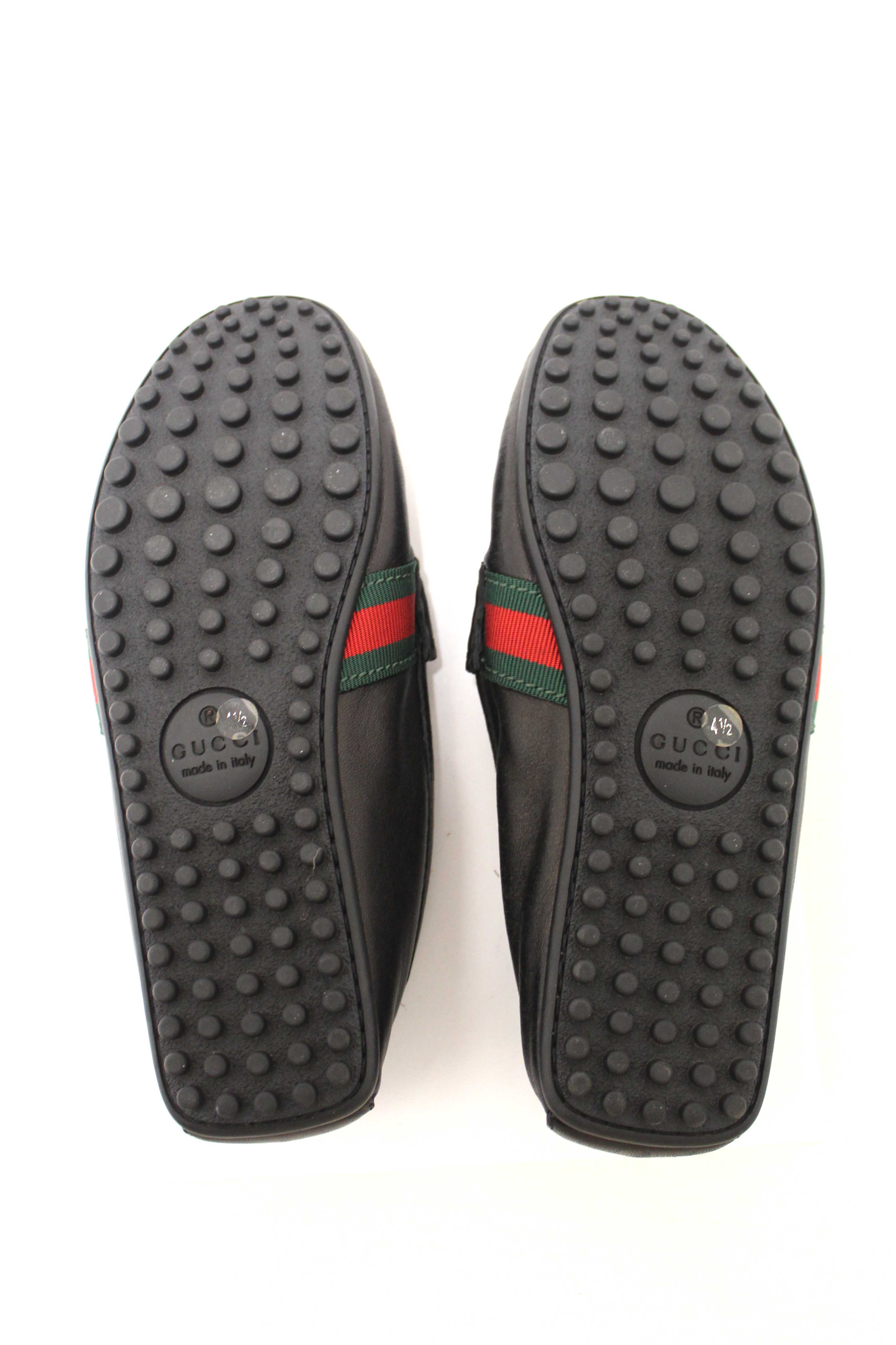Authentic Gucci Black Calf Leather Kid's Driver with Web Detail Loafers Size 4.5