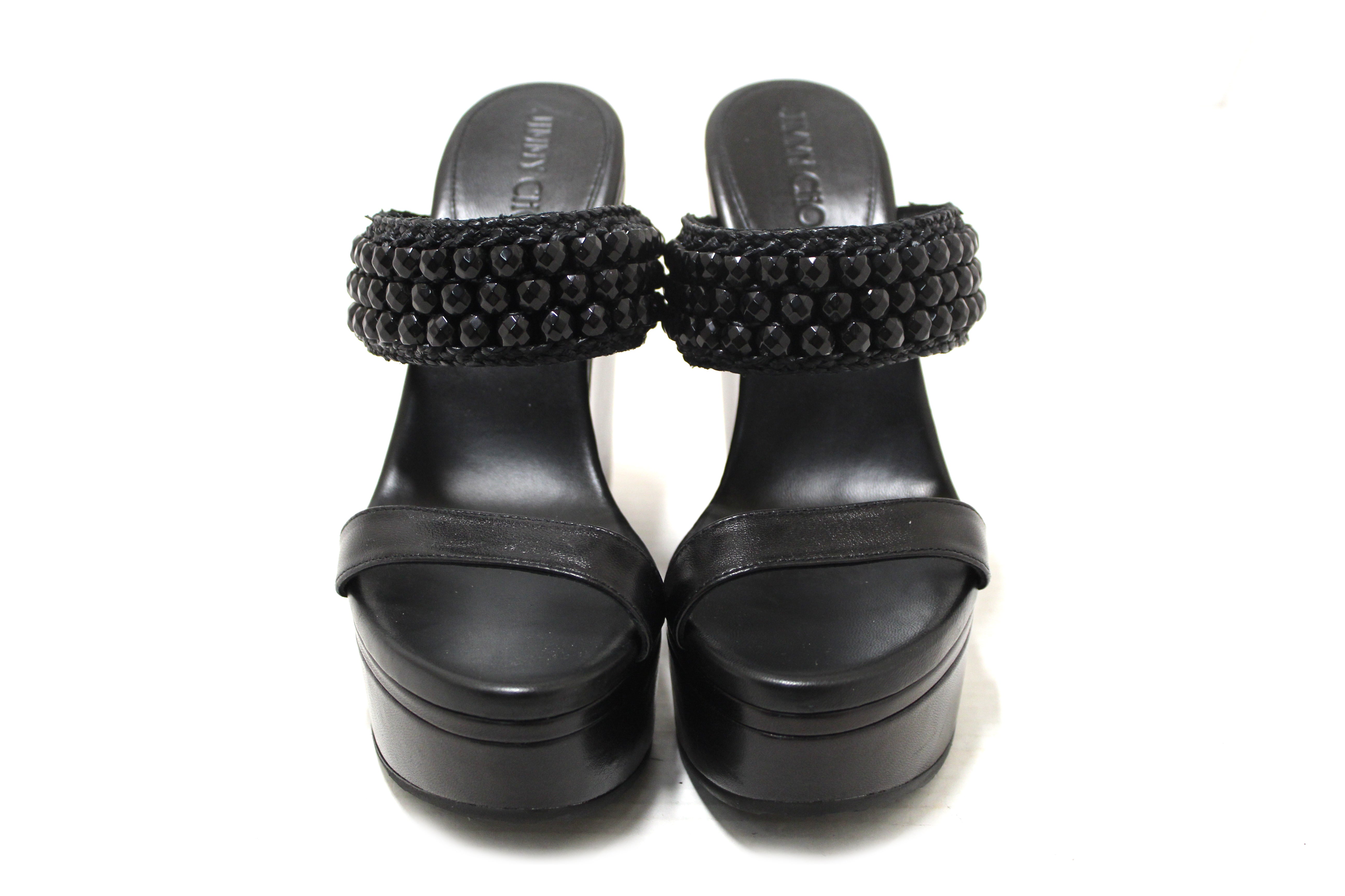 Jimmy Choo Black Leather Amoure Beaded Wedge Sandals Shoes Size 37