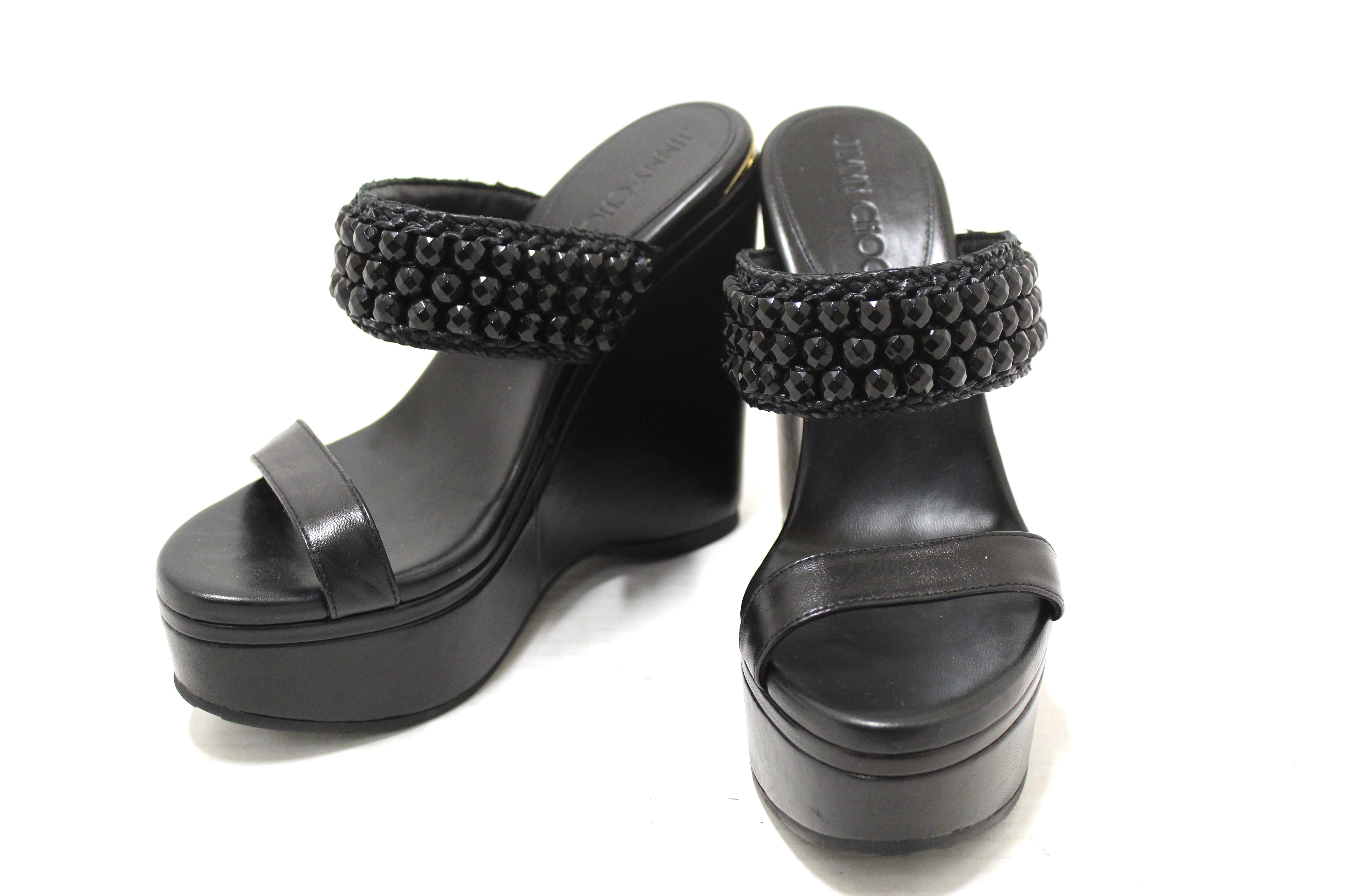 Jimmy Choo Black Leather Amoure Beaded Wedge Sandals Shoes Size 37