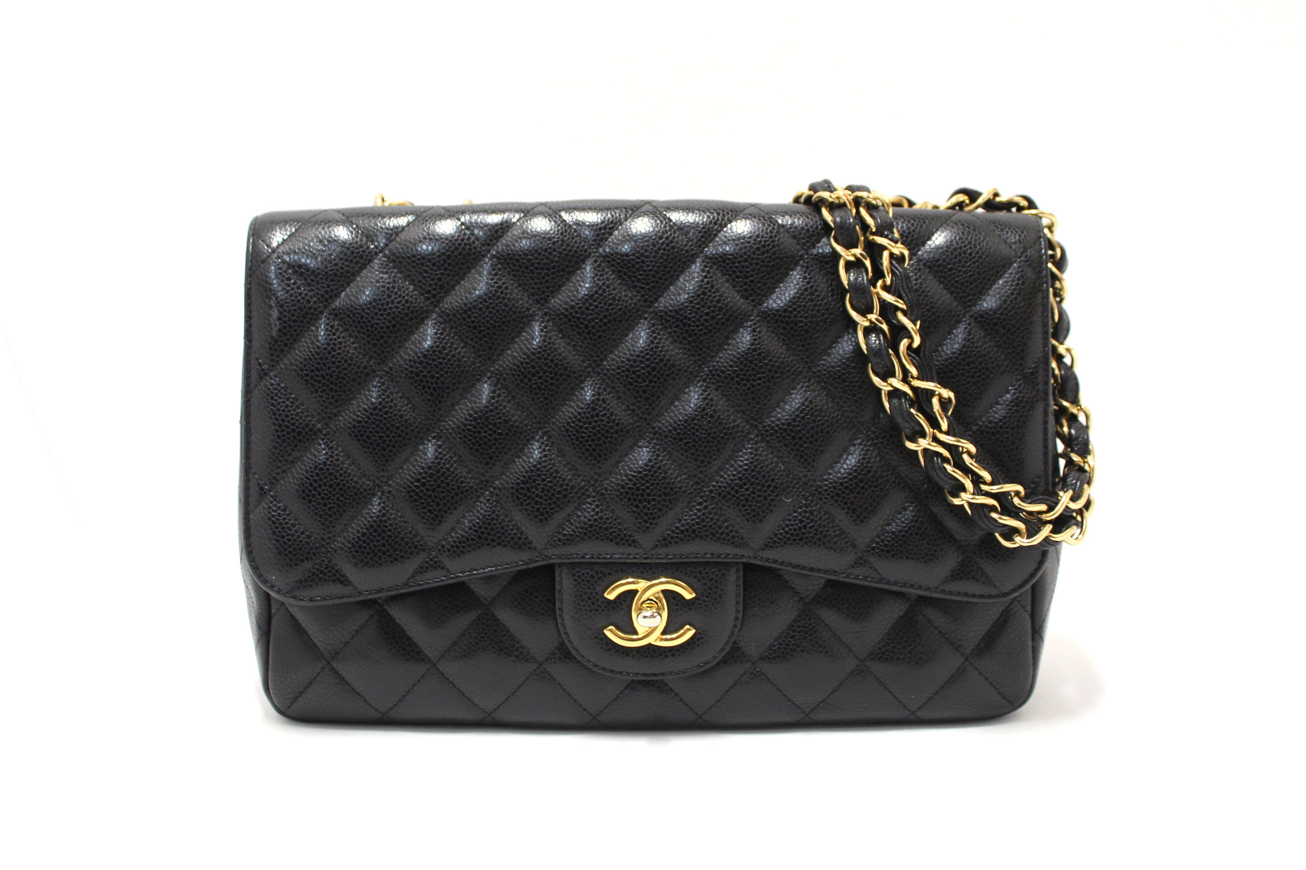 Authentic Chanel Black Quilted Caviar Leather Classic Jumbo Single