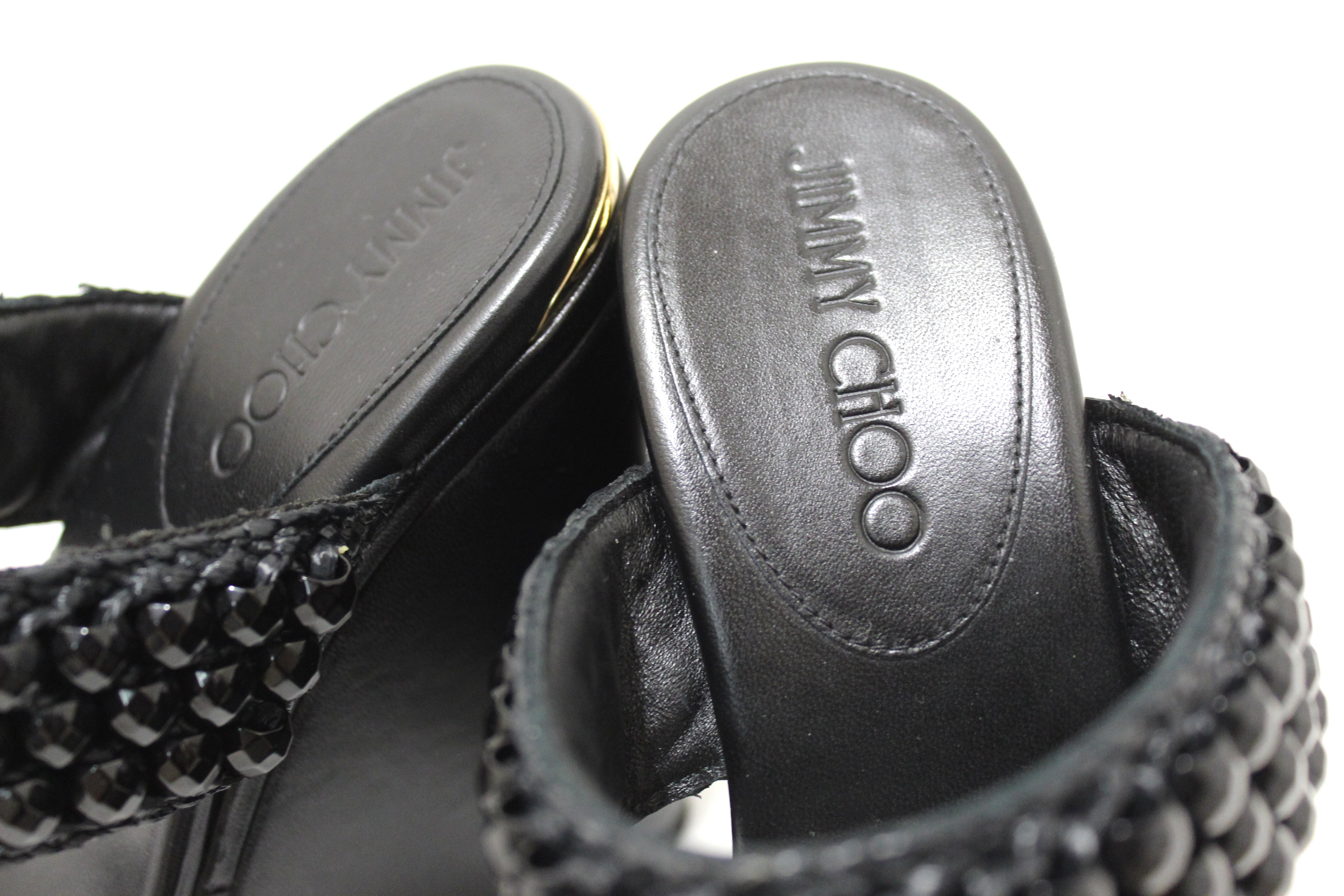 Jimmy Choo Black Leather Amoure Beaded Wedge Sandals Shoes Size 37