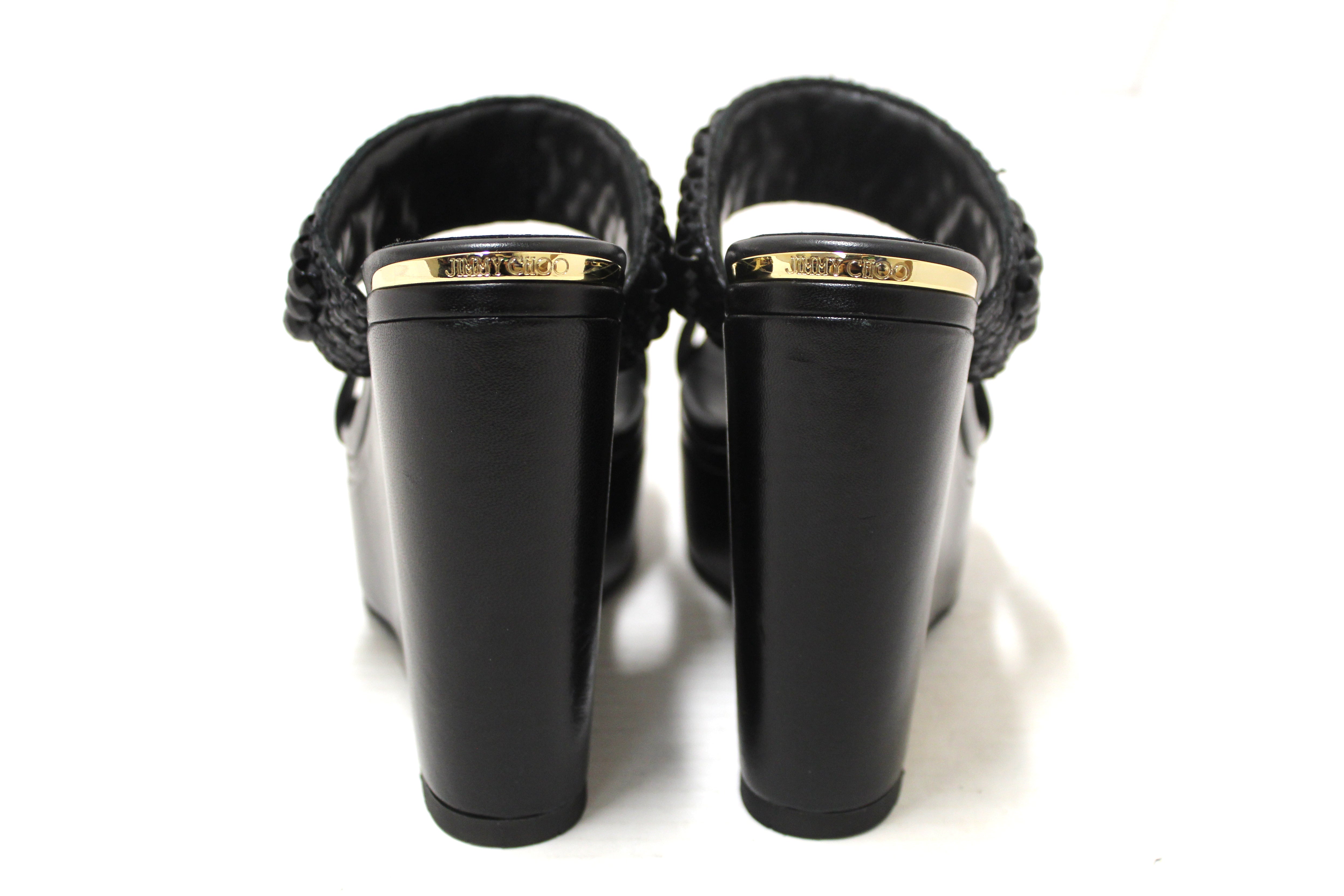 Jimmy Choo Black Leather Amoure Beaded Wedge Sandals Shoes Size 37
