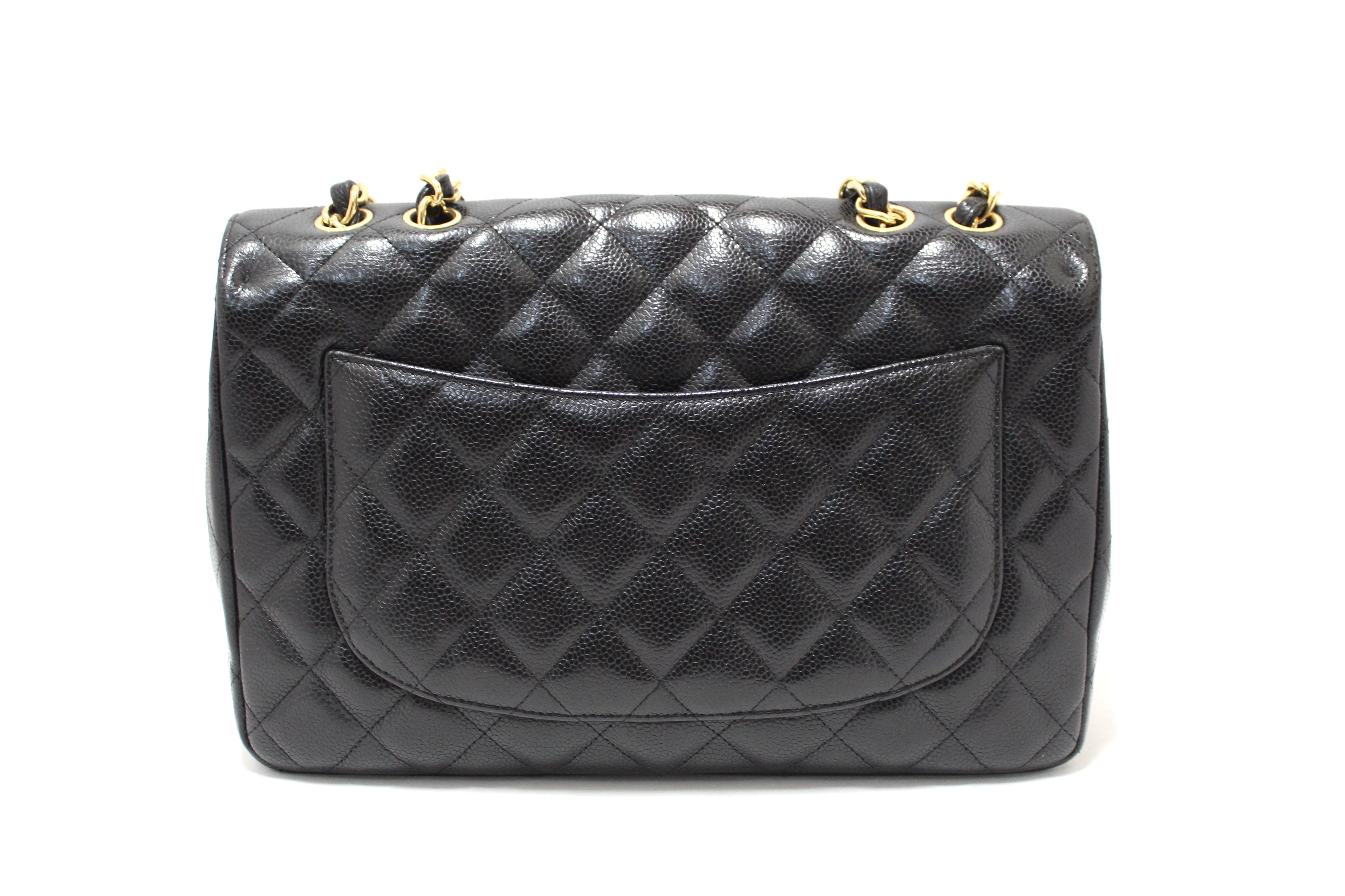 Authentic Chanel Black Quilted Caviar Leather Classic Jumbo Single Flap Bag