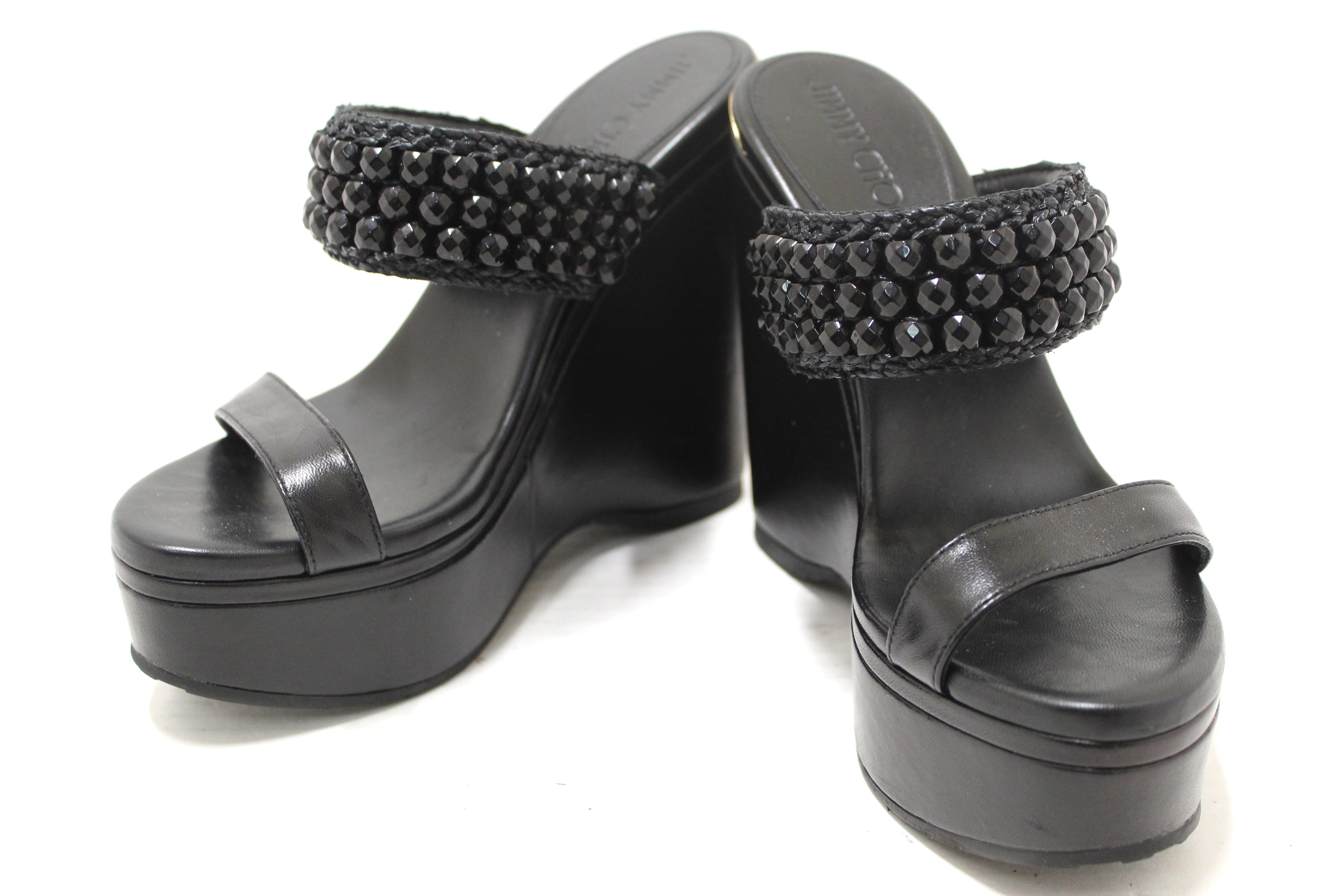 Jimmy Choo Black Leather Amoure Beaded Wedge Sandals Shoes Size 37
