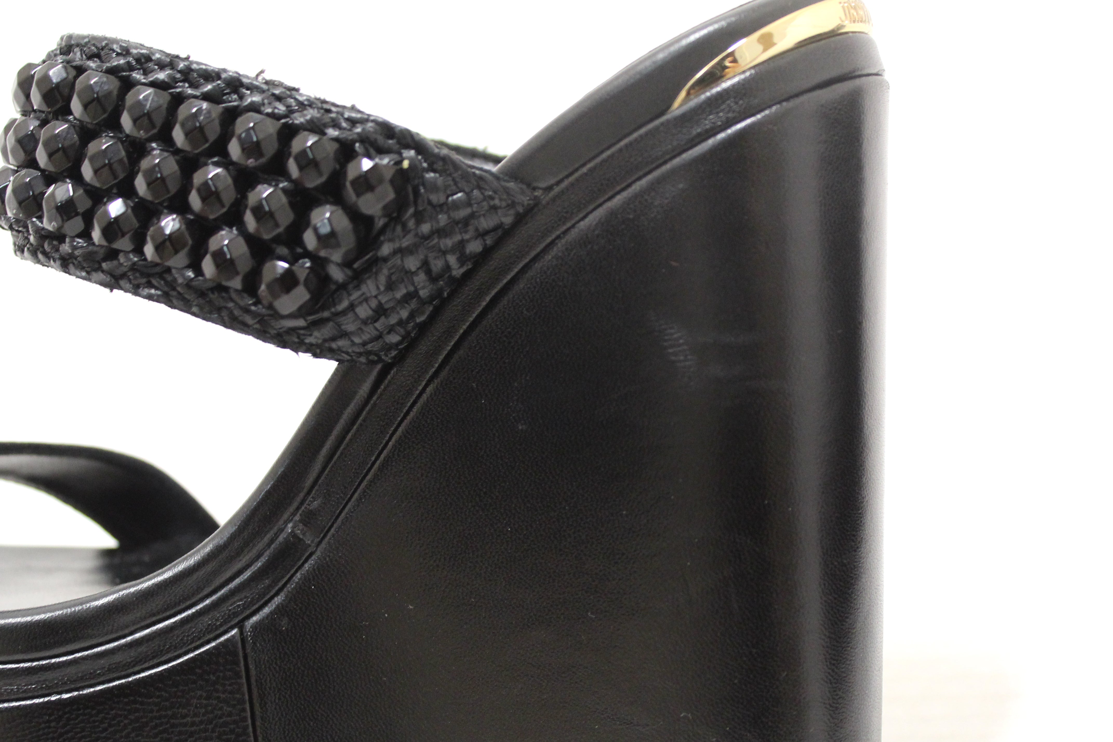 Jimmy Choo Black Leather Amoure Beaded Wedge Sandals Shoes Size 37