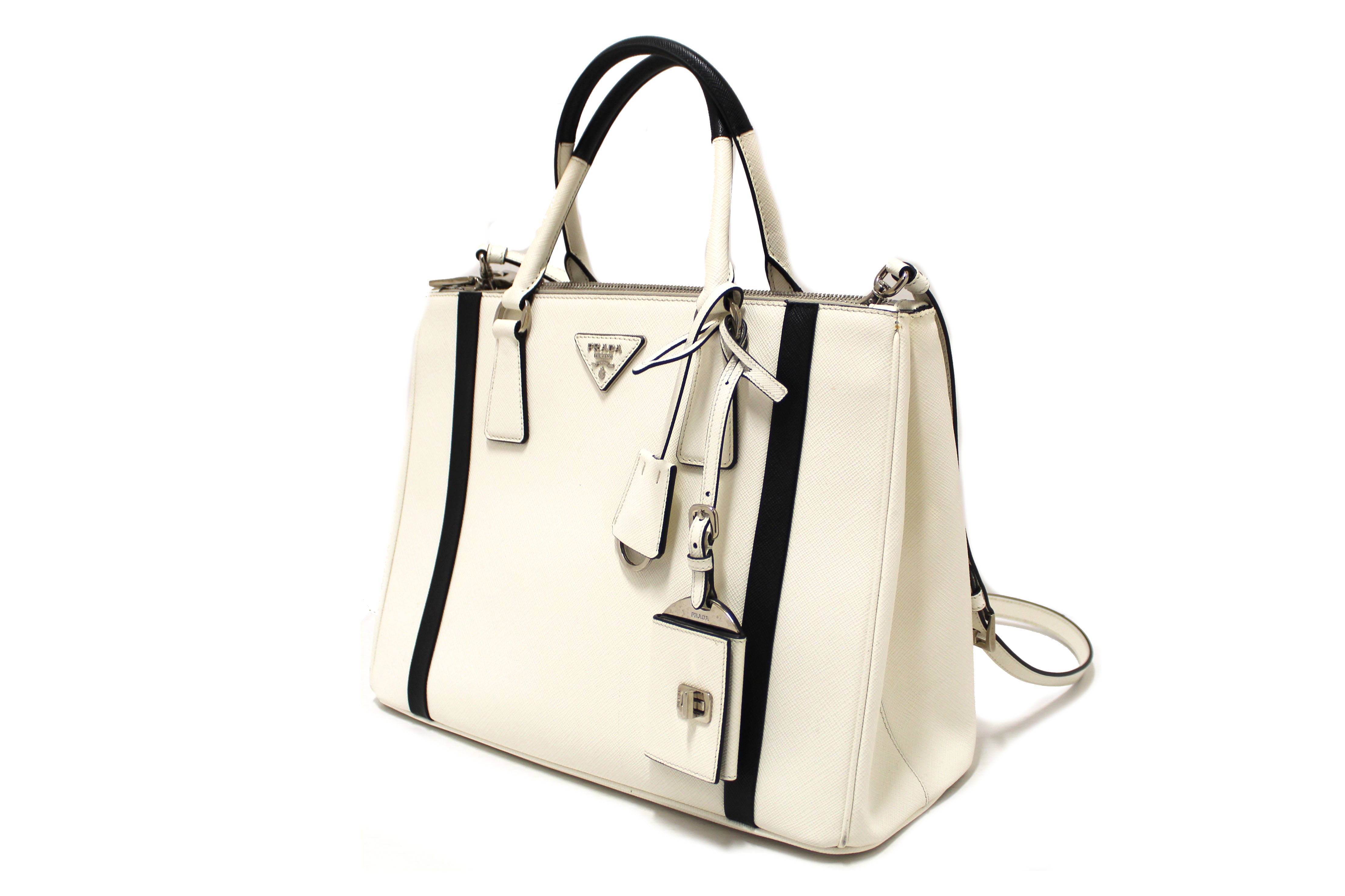 Authentic Prada White and Black Bi-color Saffiano Galleria Large Tote Bag