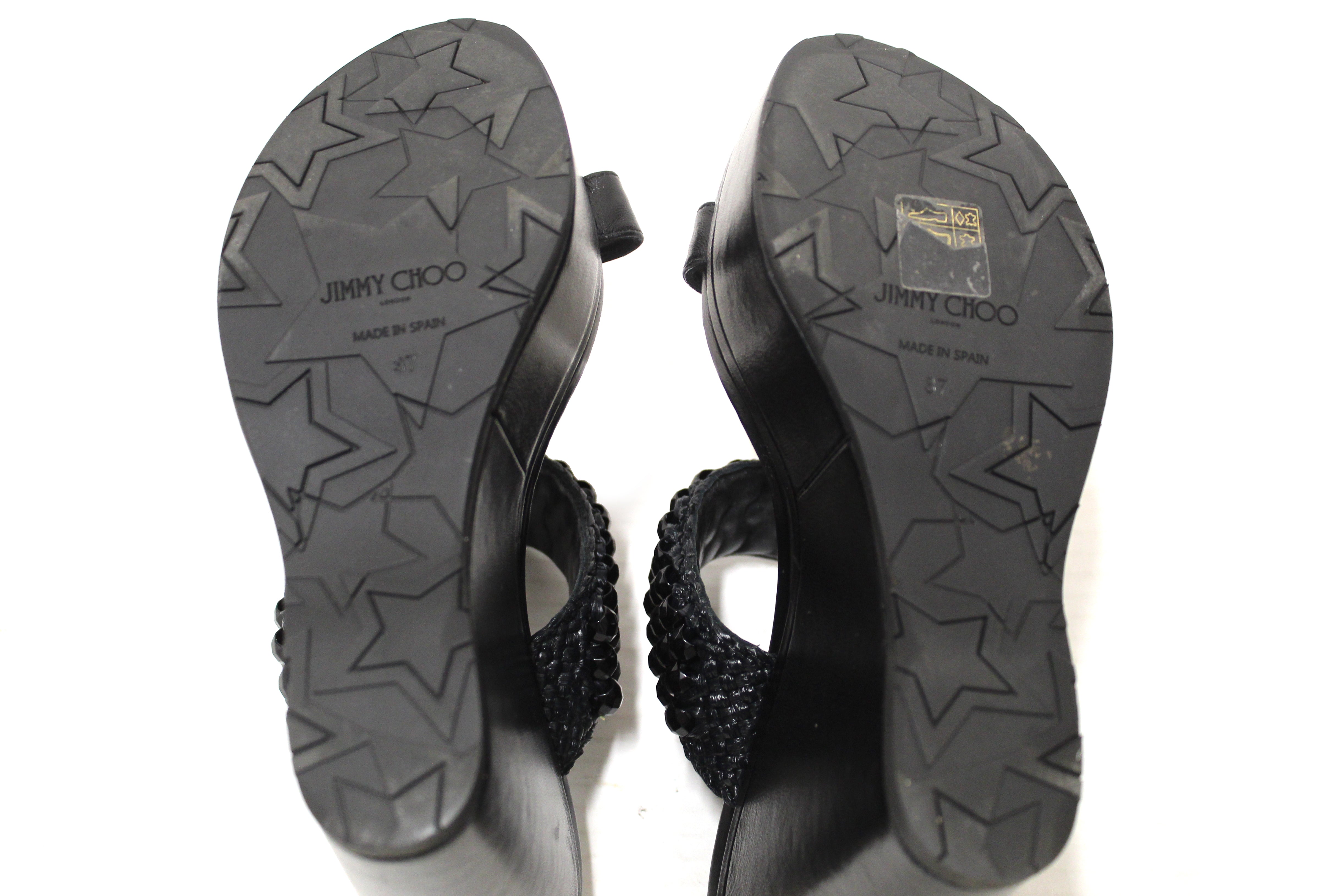 Jimmy Choo Black Leather Amoure Beaded Wedge Sandals Shoes Size 37