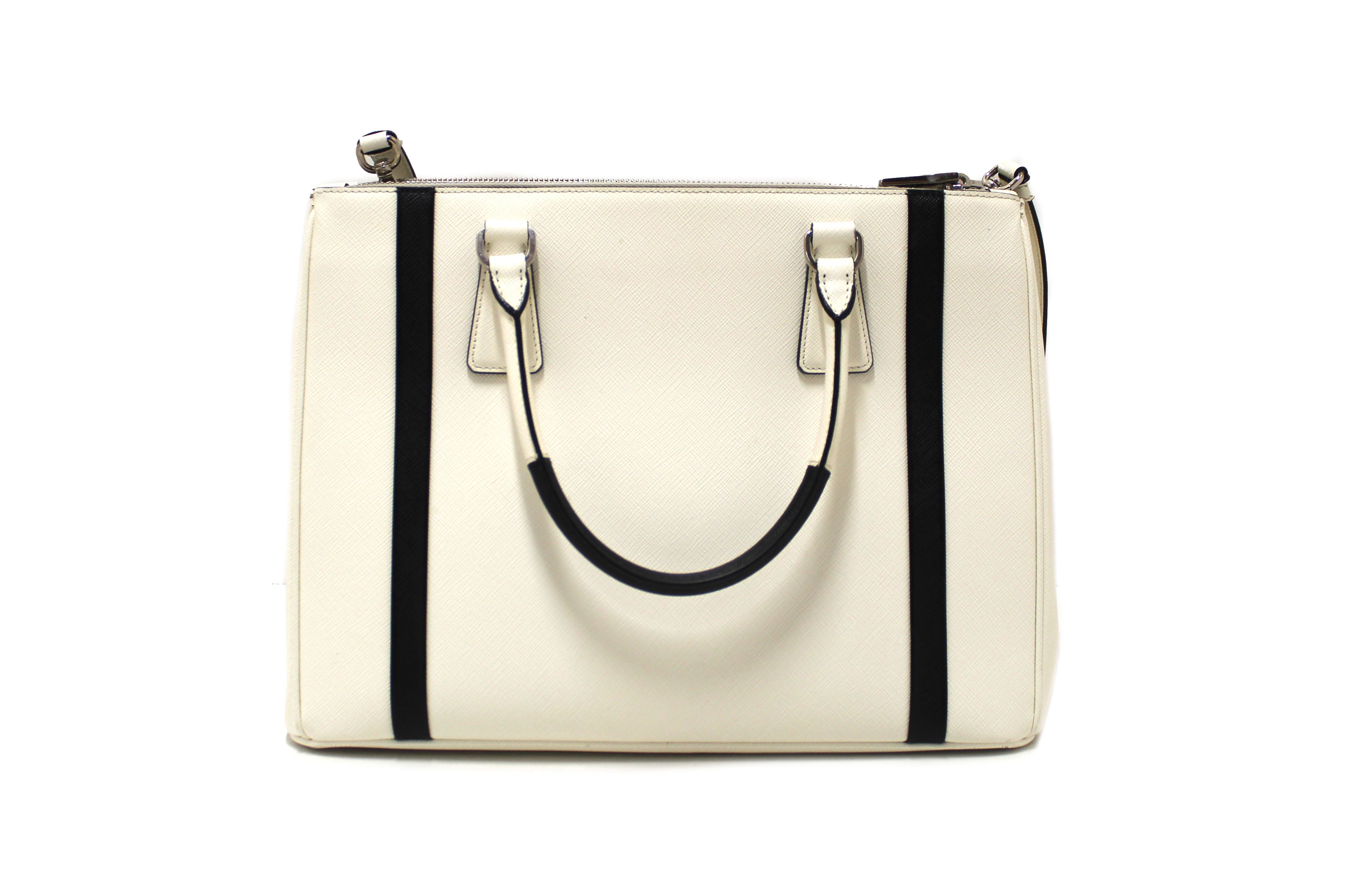 Authentic Prada White and Black Bi-color Saffiano Galleria Large Tote Bag