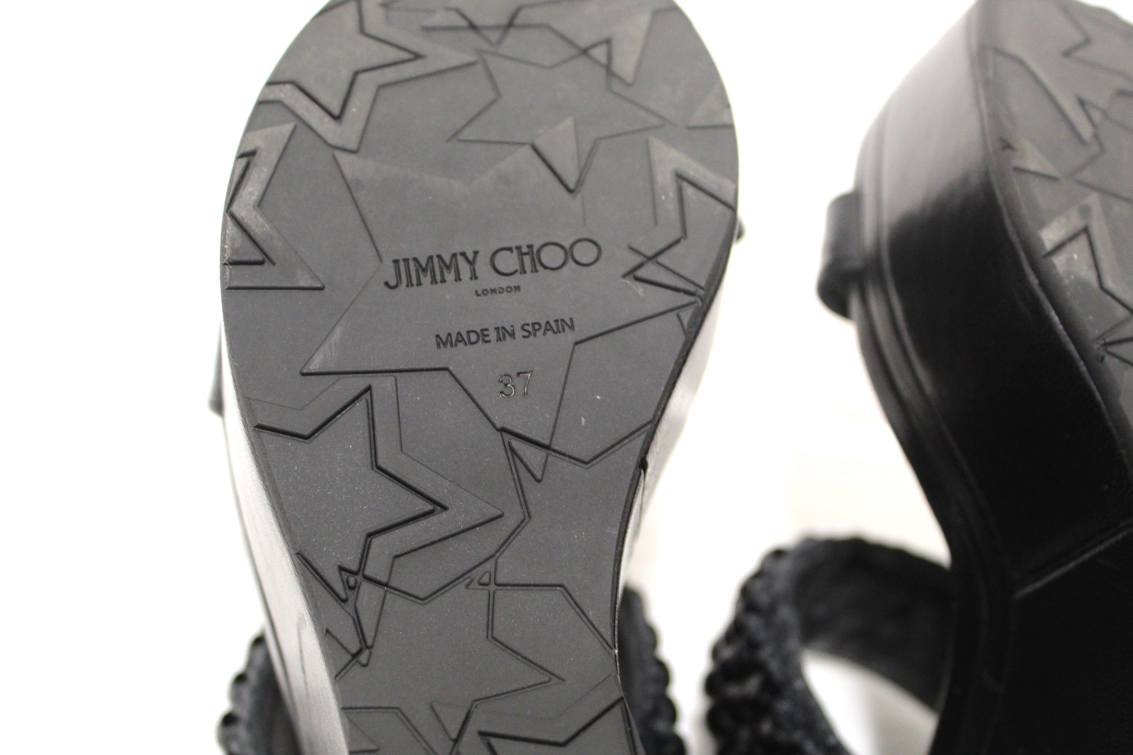 Jimmy Choo Black Leather Amoure Beaded Wedge Sandals Shoes Size 37