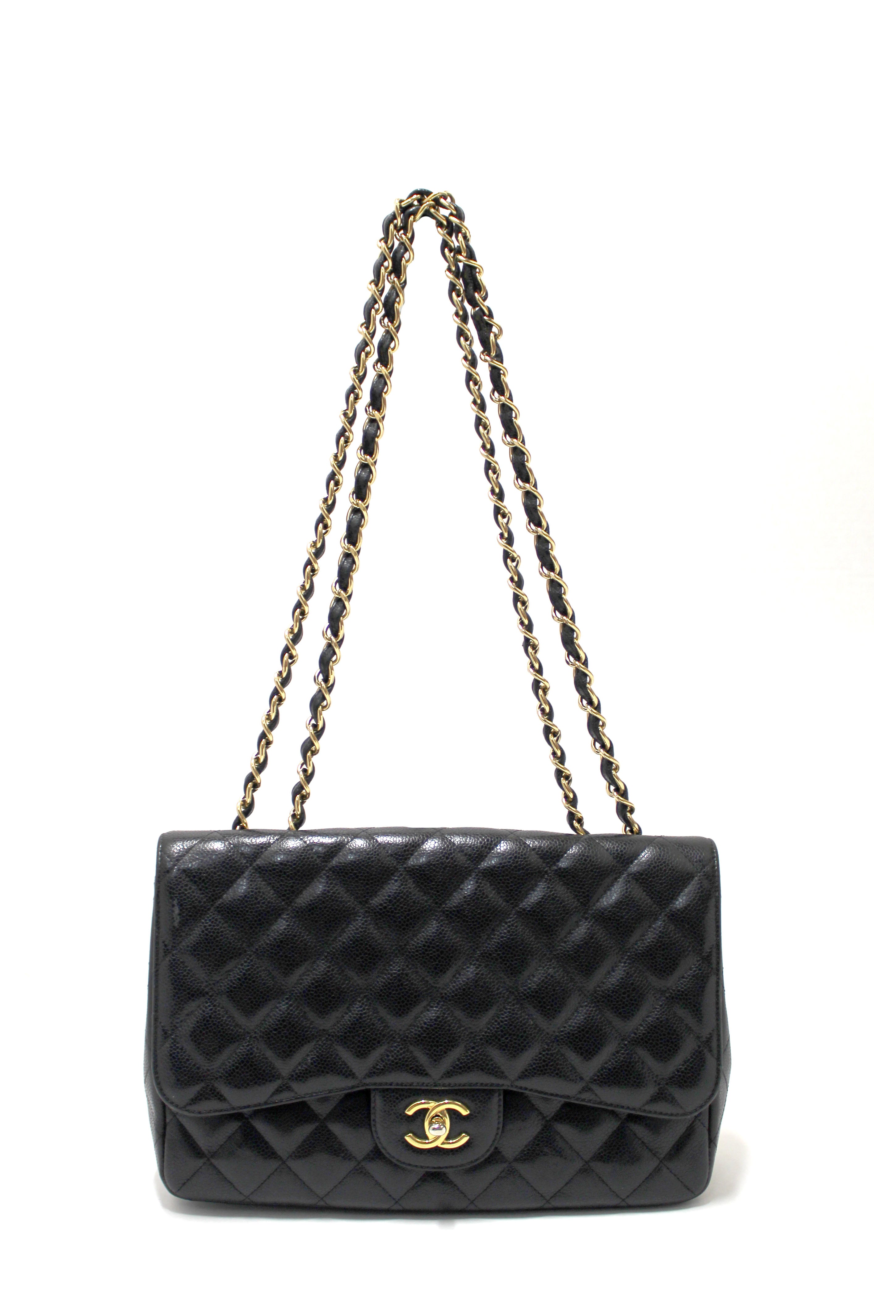 Authentic Chanel Black Quilted Caviar Leather Classic Jumbo Single Flap Bag