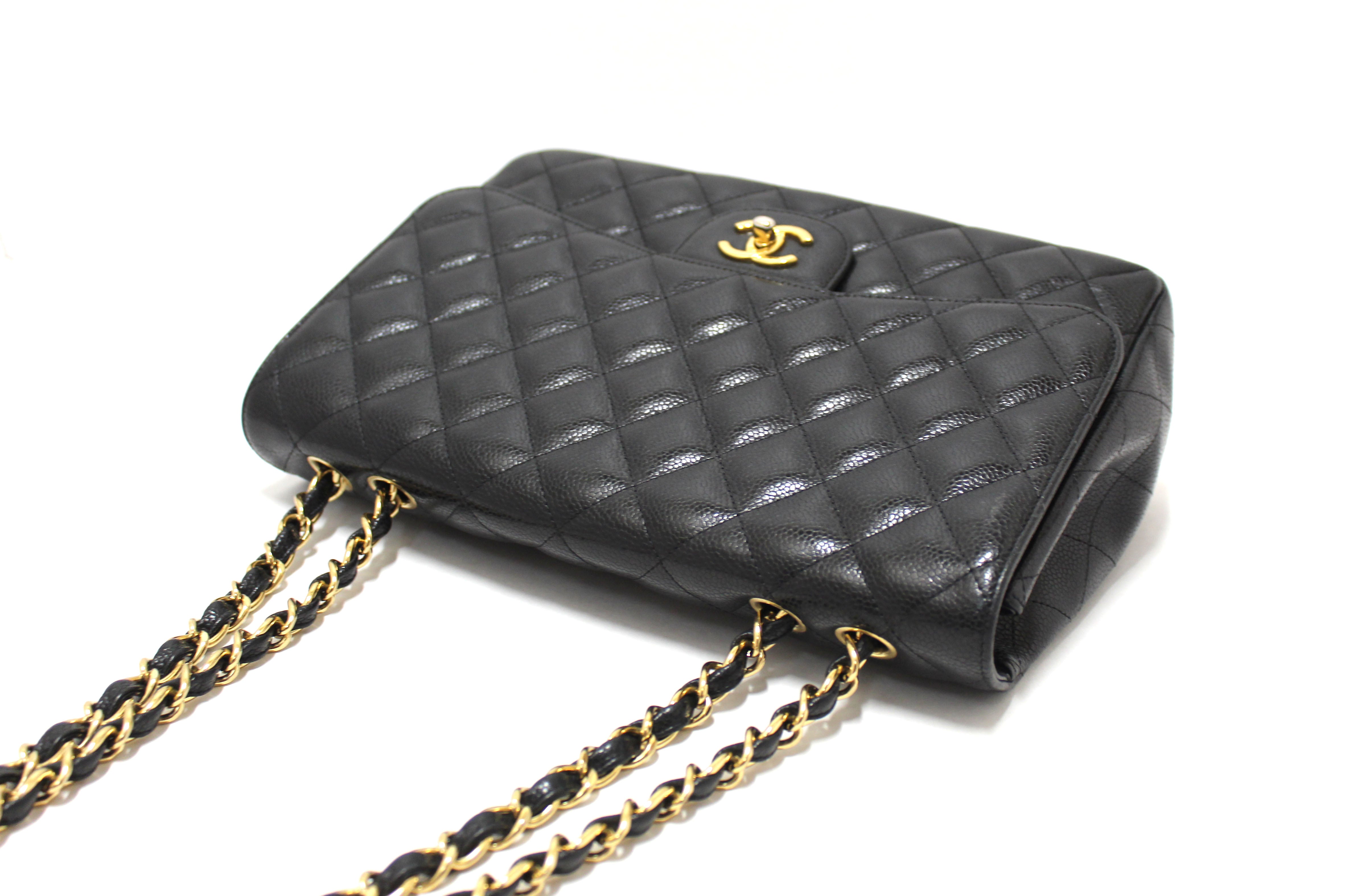 Authentic Chanel Black Quilted Caviar Leather Classic Jumbo Single Flap Bag