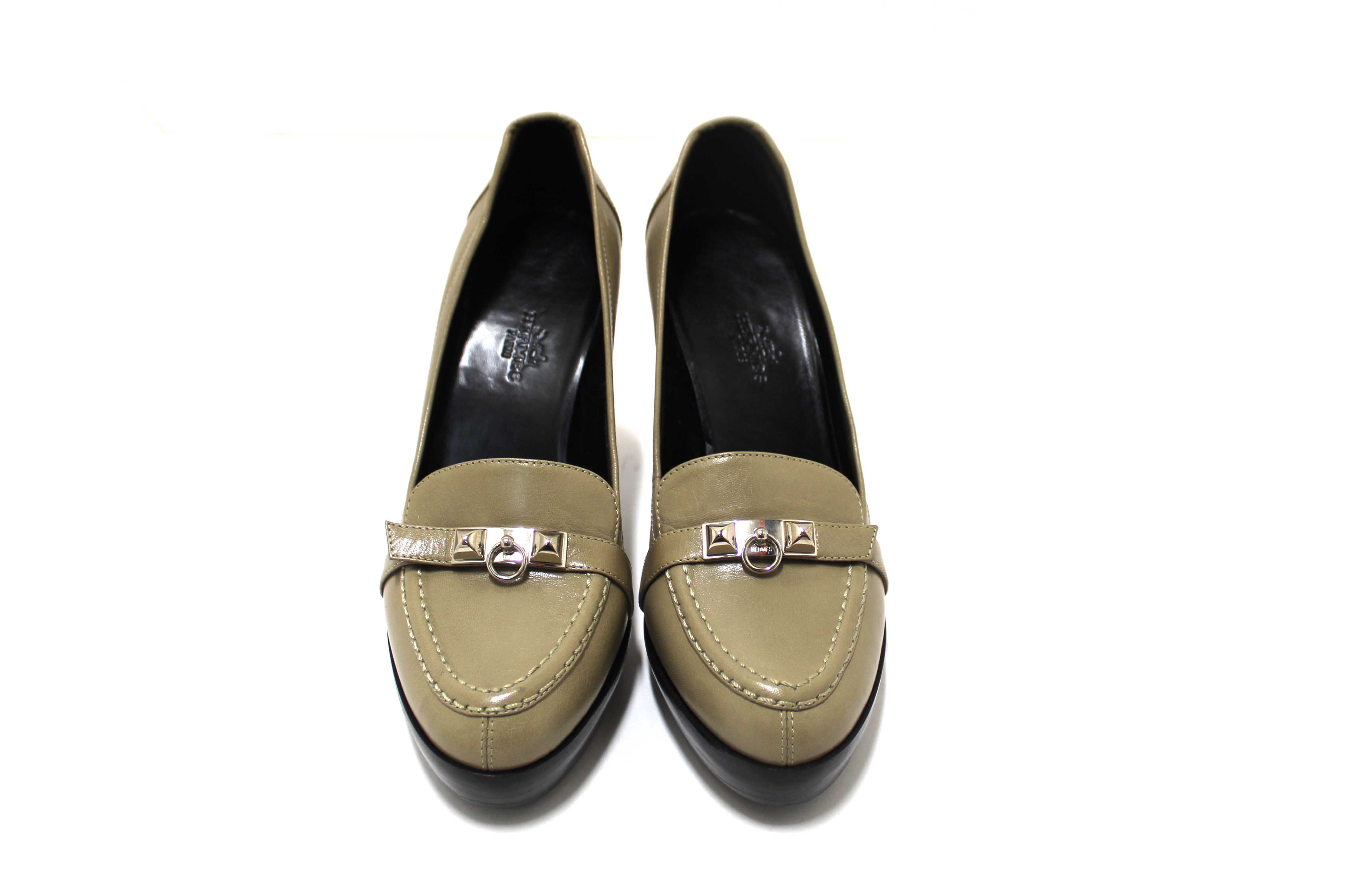 Authentic New Hermes Etoupe Leather Kelly Loafer Pumps Shoes Size 36.5