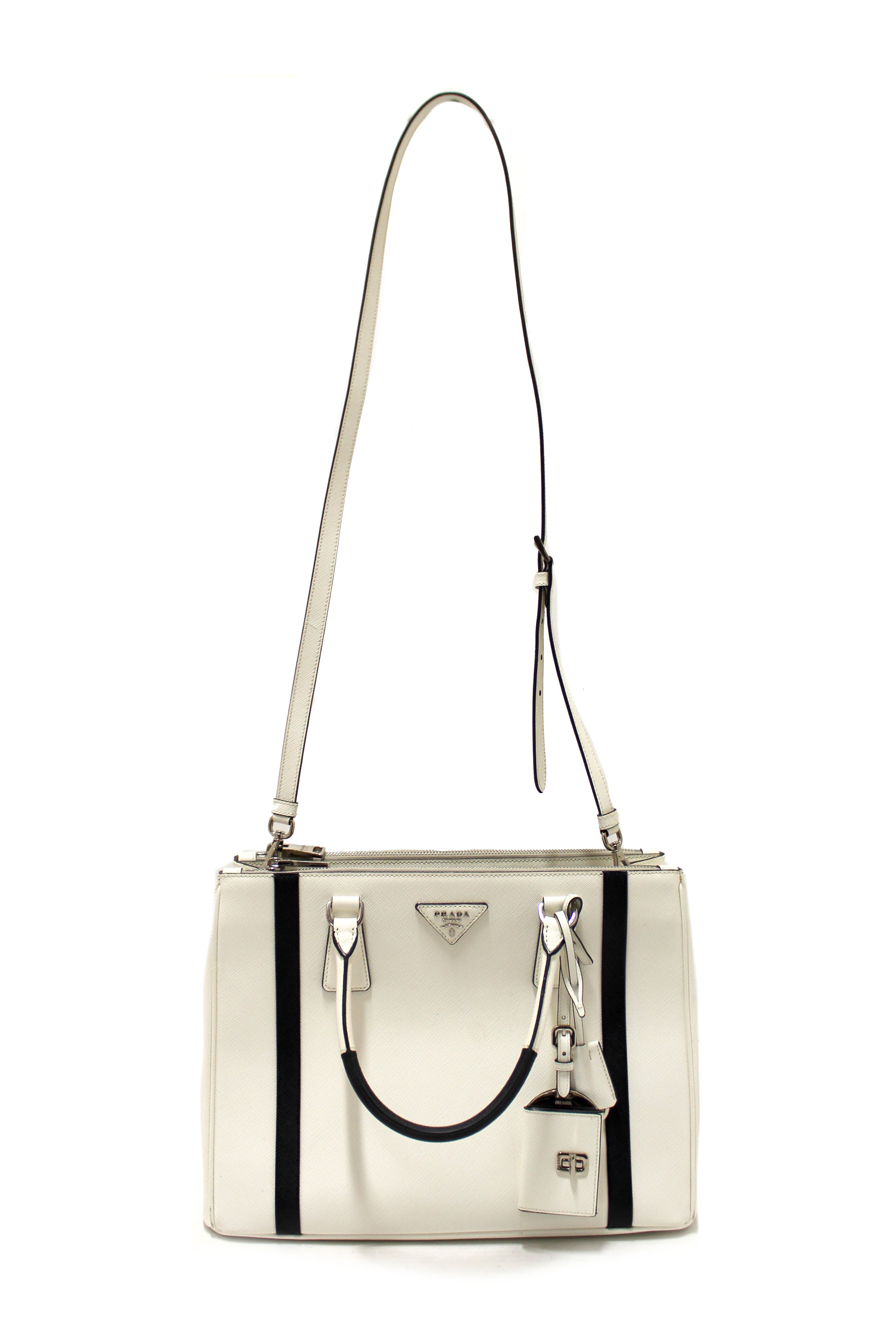 Authentic Prada White and Black Bi-color Saffiano Galleria Large Tote Bag