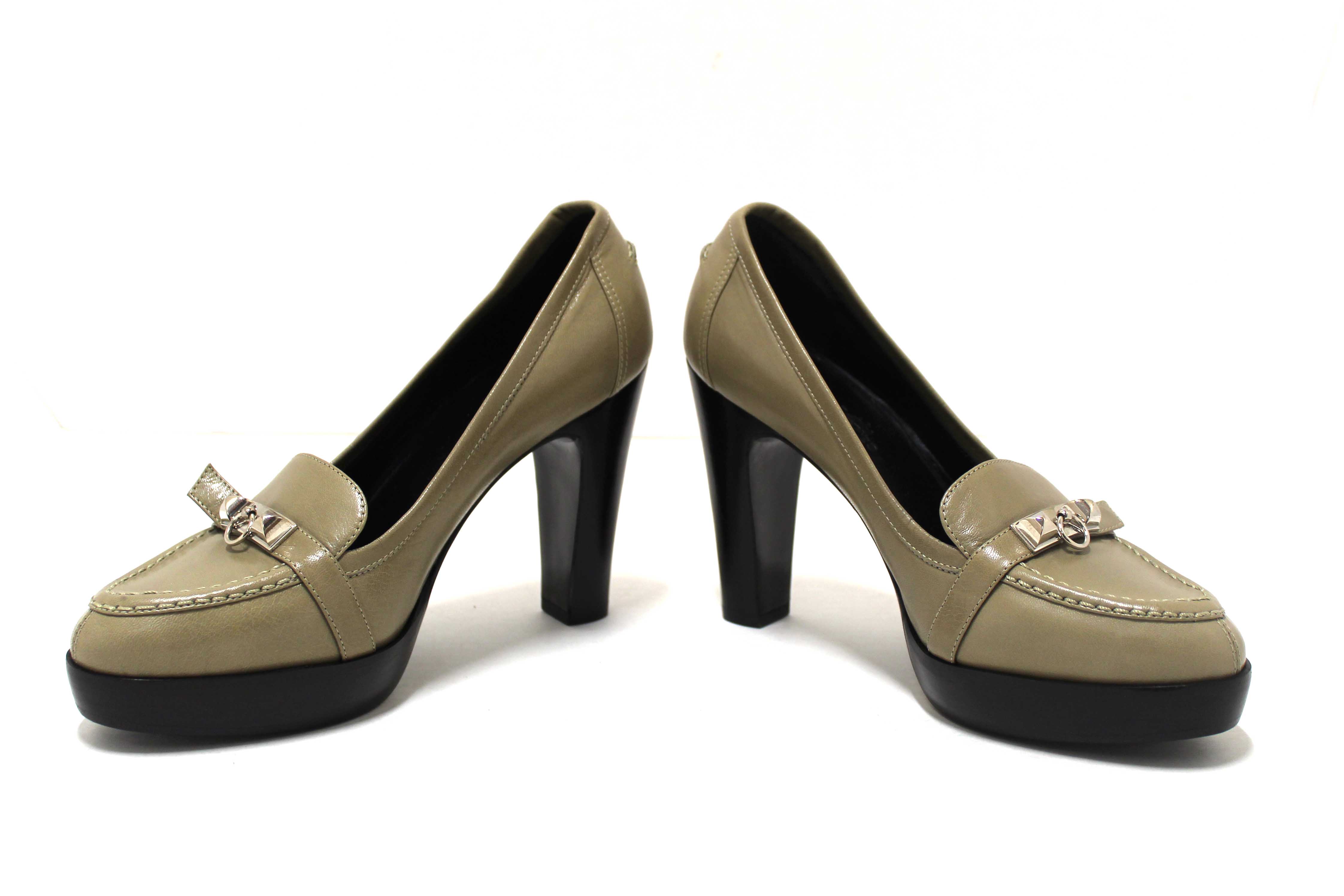 Authentic New Hermes Etoupe Leather Kelly Loafer Pumps Shoes Size 36.5