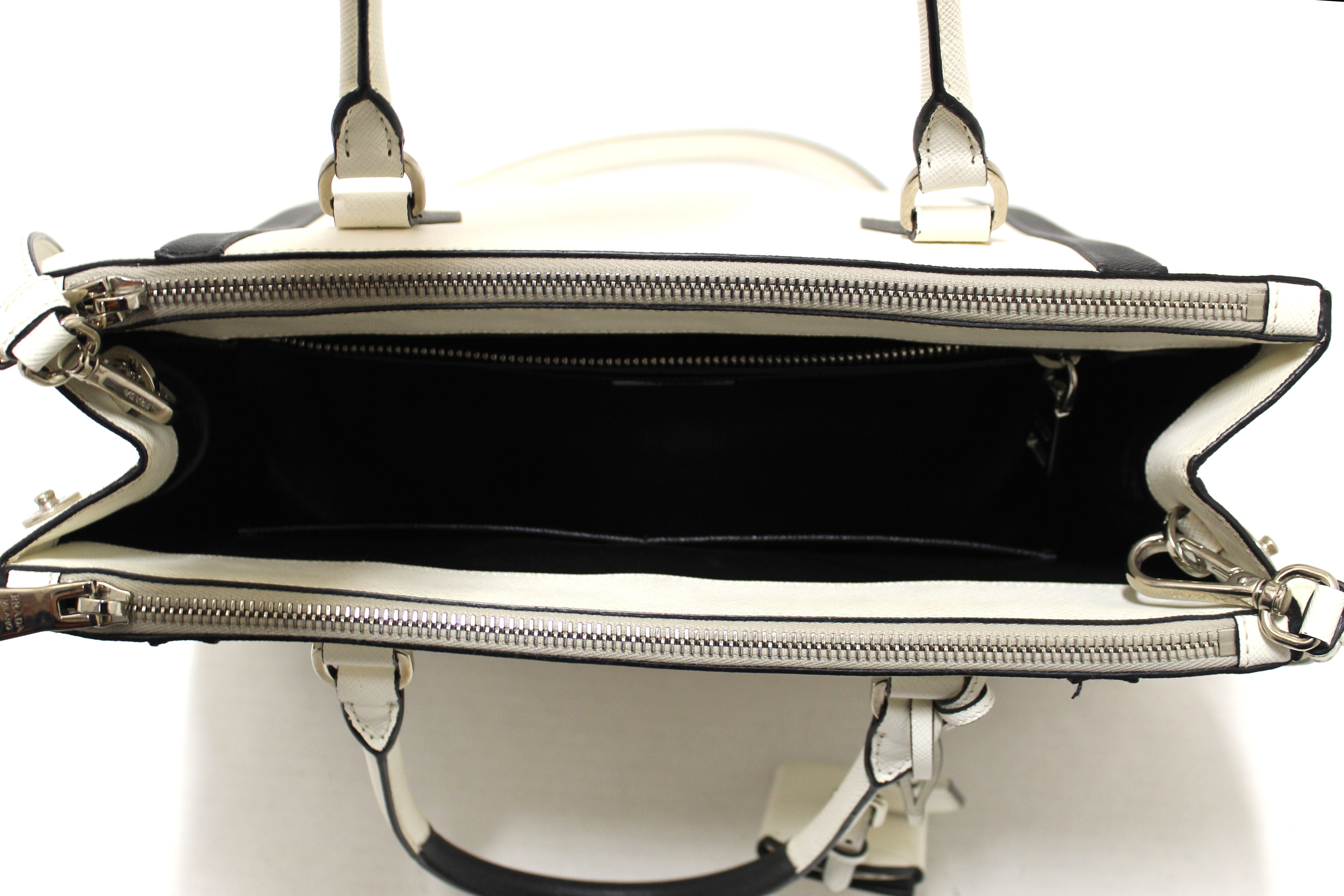 Authentic Prada White and Black Bi-color Saffiano Galleria Large Tote Bag