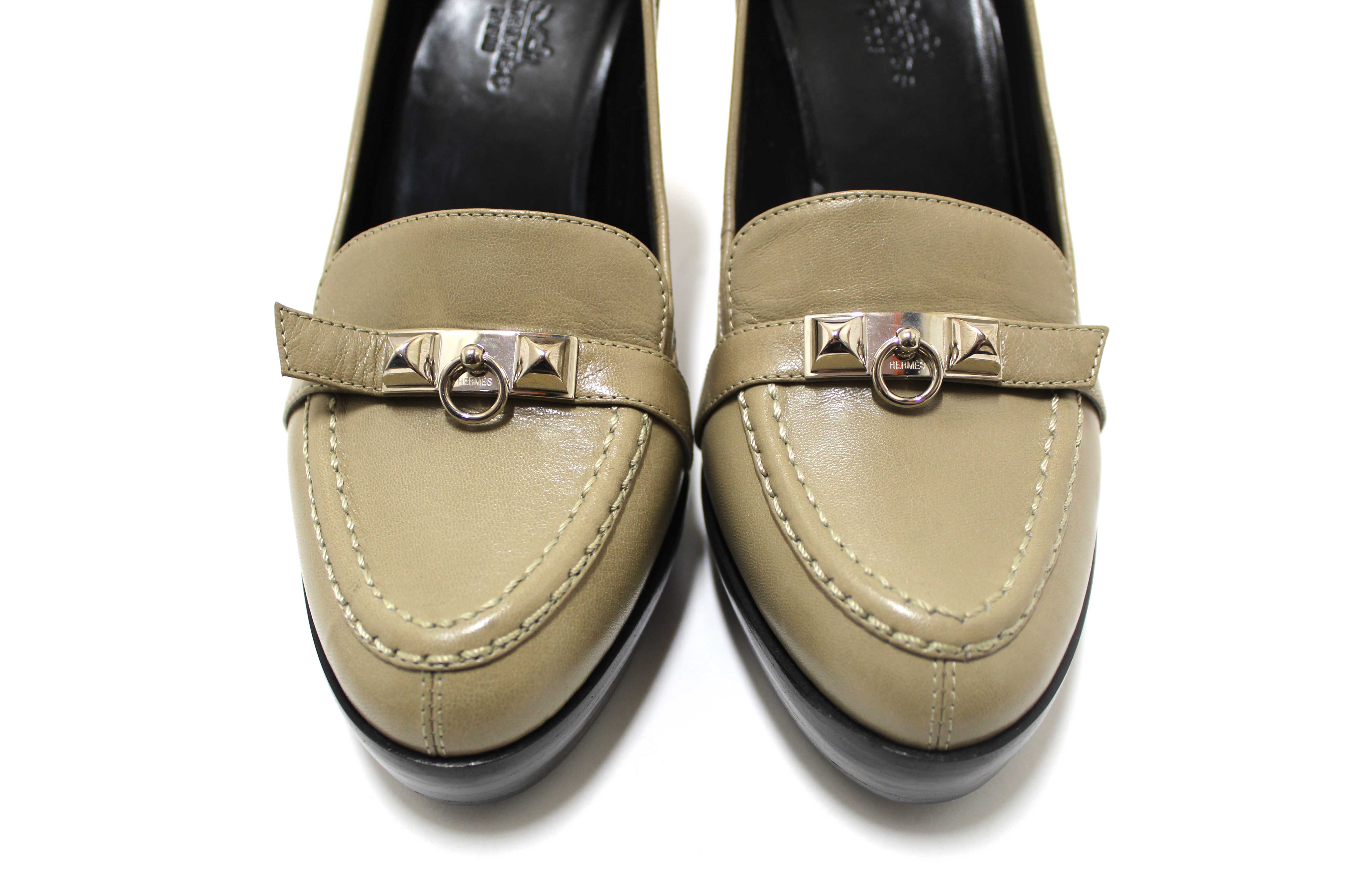 Authentic New Hermes Etoupe Leather Kelly Loafer Pumps Shoes Size 36.5