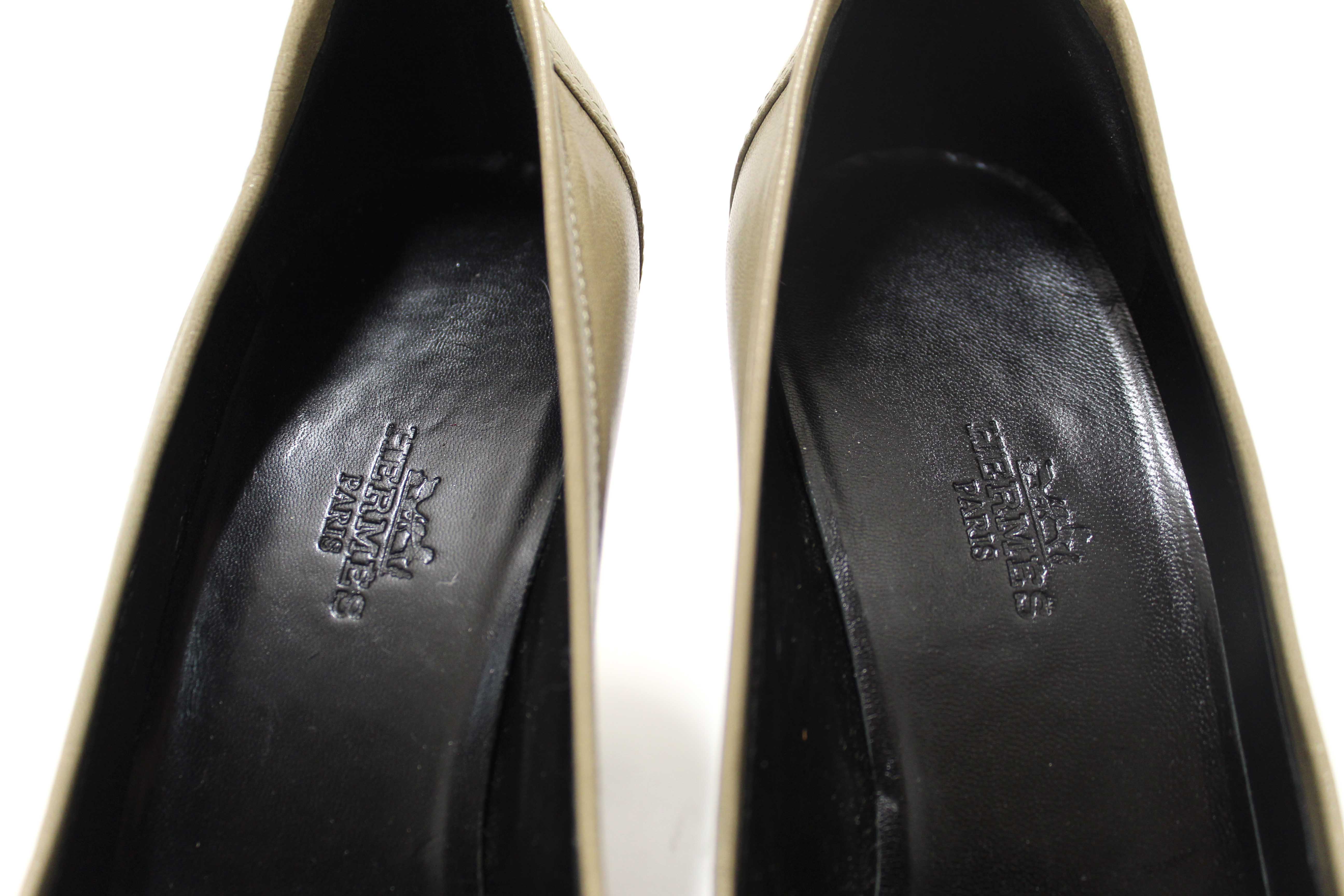 Authentic New Hermes Etoupe Leather Kelly Loafer Pumps Shoes Size 36.5