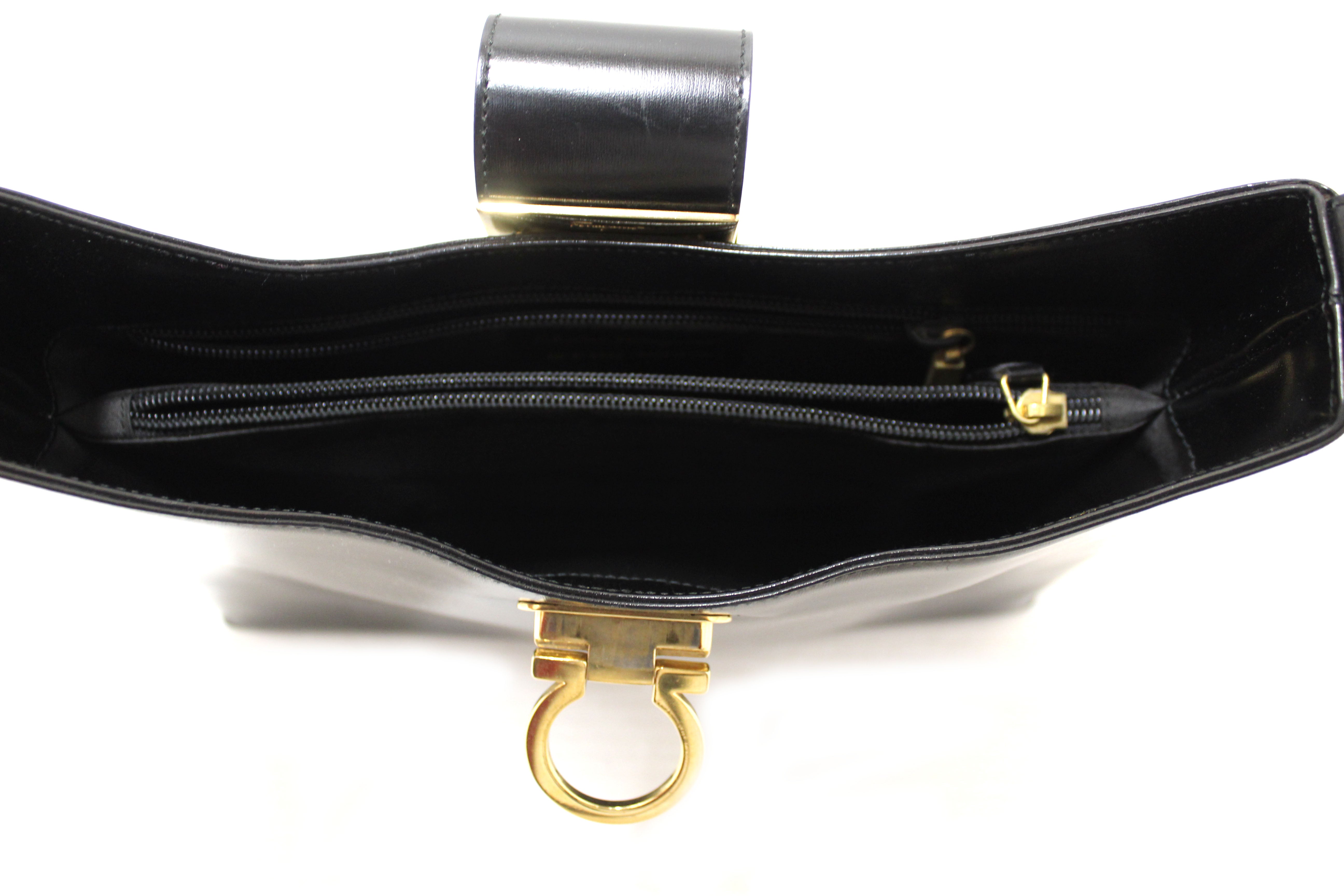 Authentic Salvatore Ferragamo Vintage Black Leather Shoulder Bag