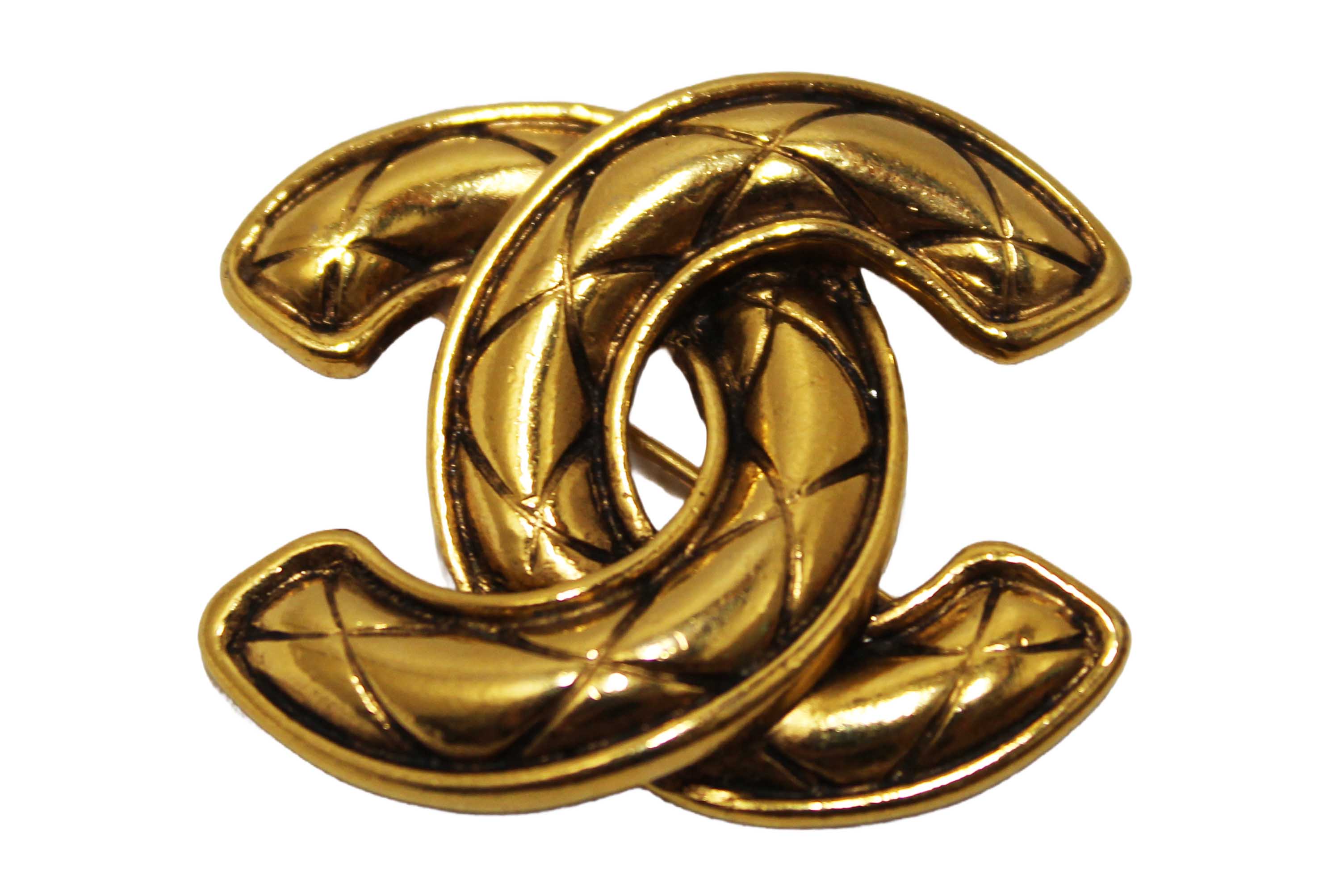 Authentic Chanel Vintage Gold Plated Diamond-Pattern CC Brooch