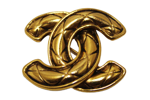 Authentic Chanel Vintage Gold Plated Diamond-Pattern CC Brooch