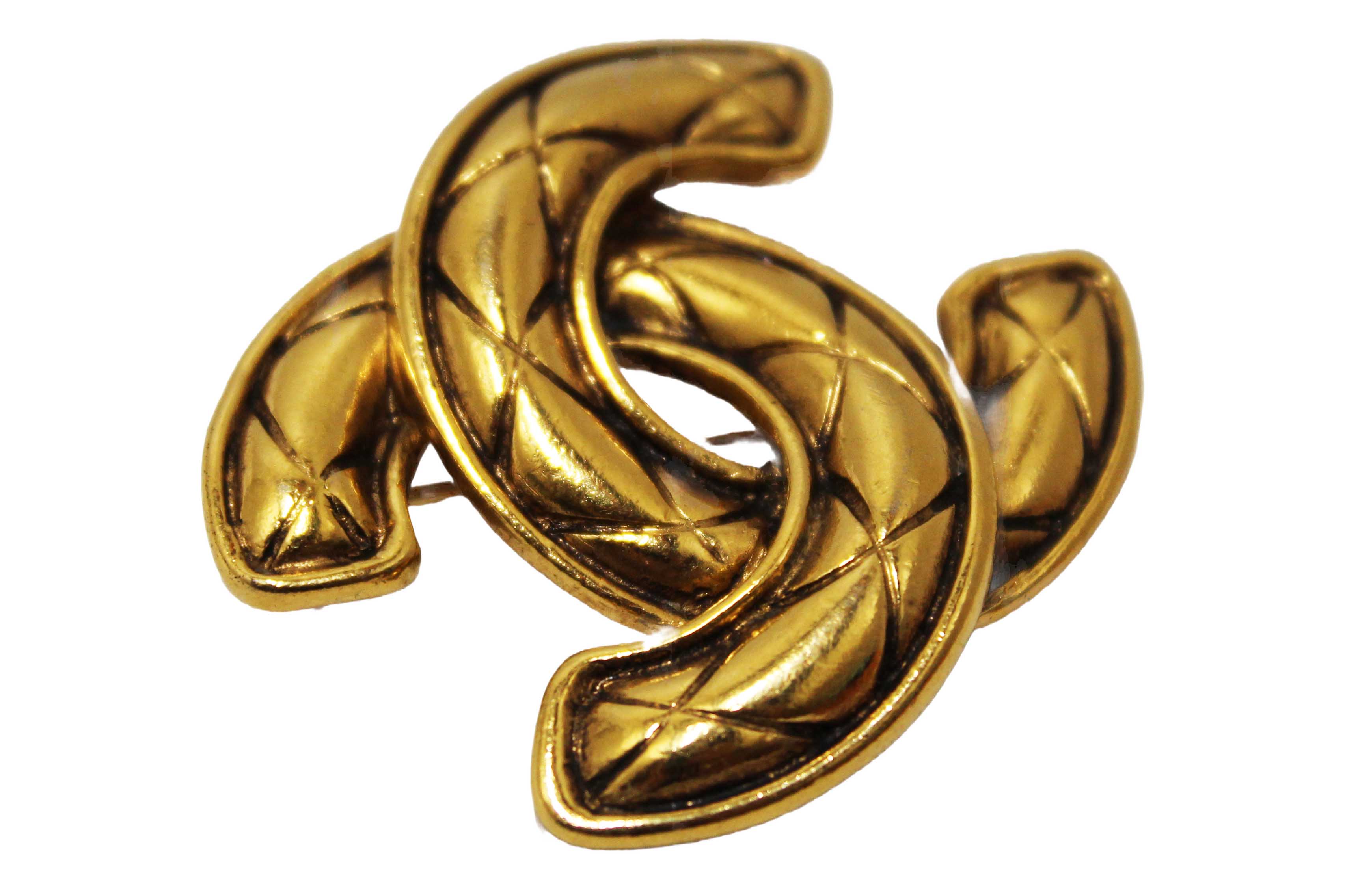 Authentic Chanel Vintage Gold Plated Diamond-Pattern CC Brooch