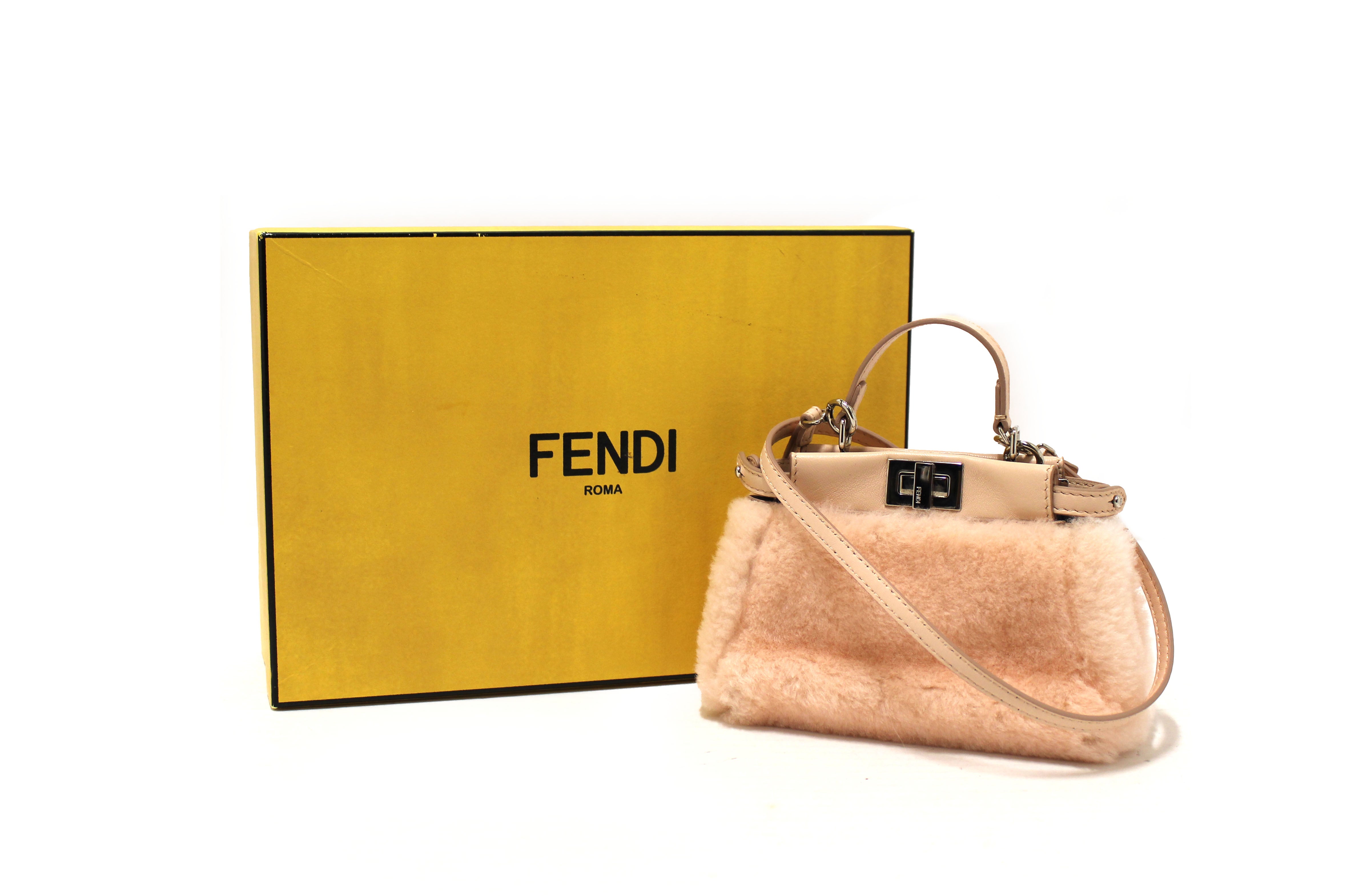 Authentic Fendi Pink Shearling and Leather Micro Peekaboo Bag