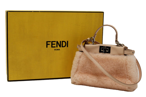 Authentic Fendi Pink Shearling and Leather Micro Peekaboo Bag