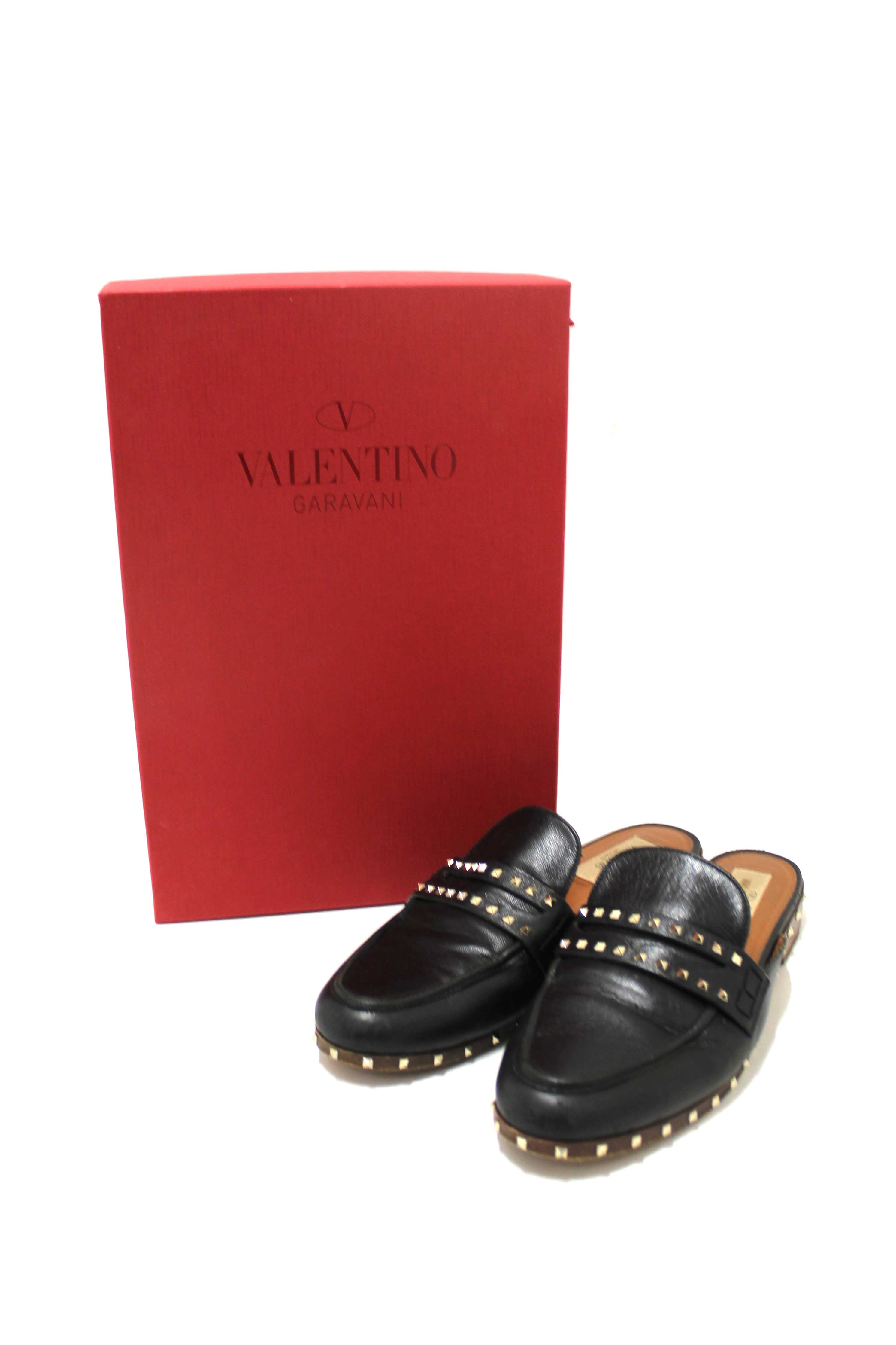 Authentic Valentino Black Leather Rockstuds Mules Flat Shoes Size 36.5