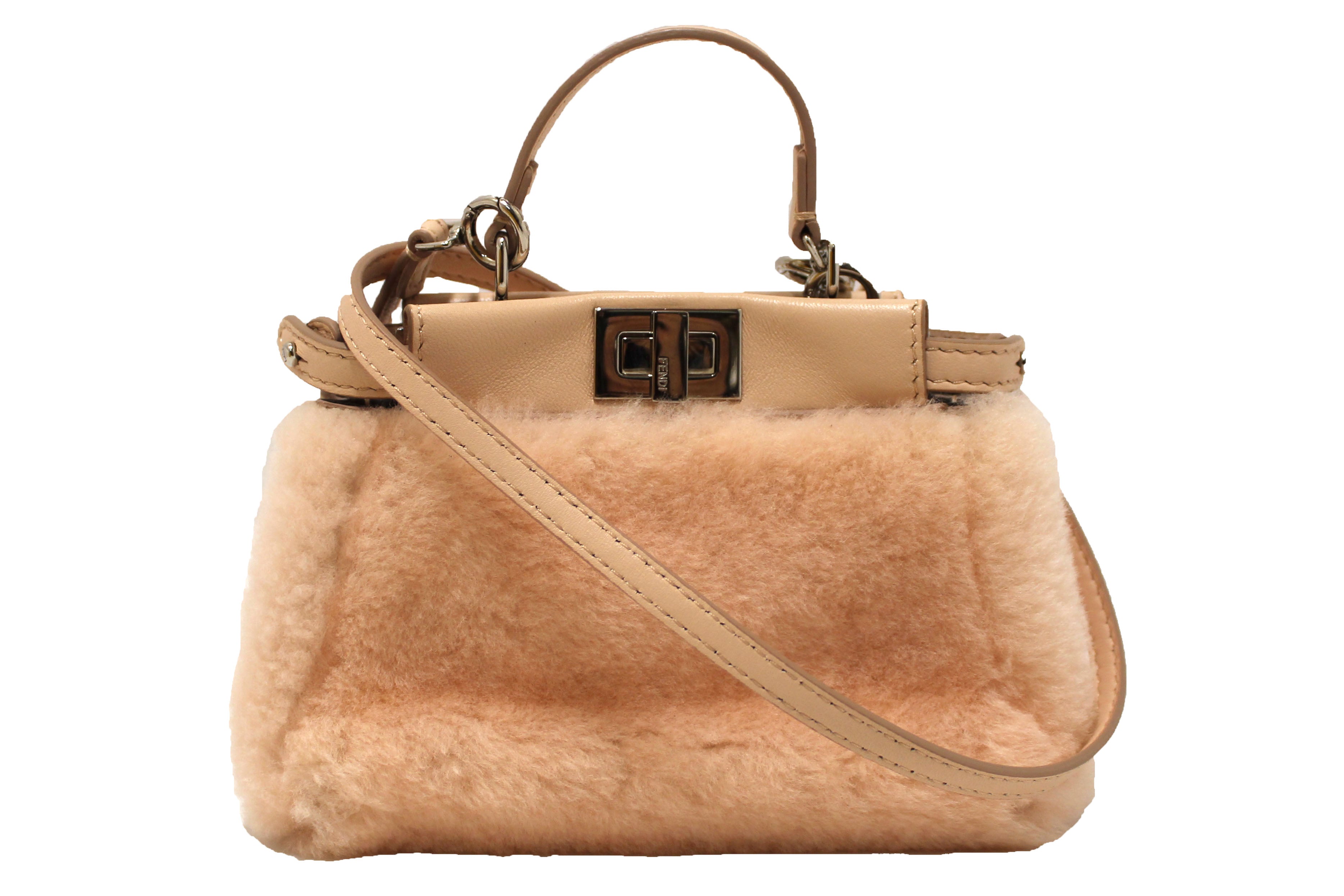 Authentic Fendi Pink Shearling and Leather Micro Peekaboo Bag