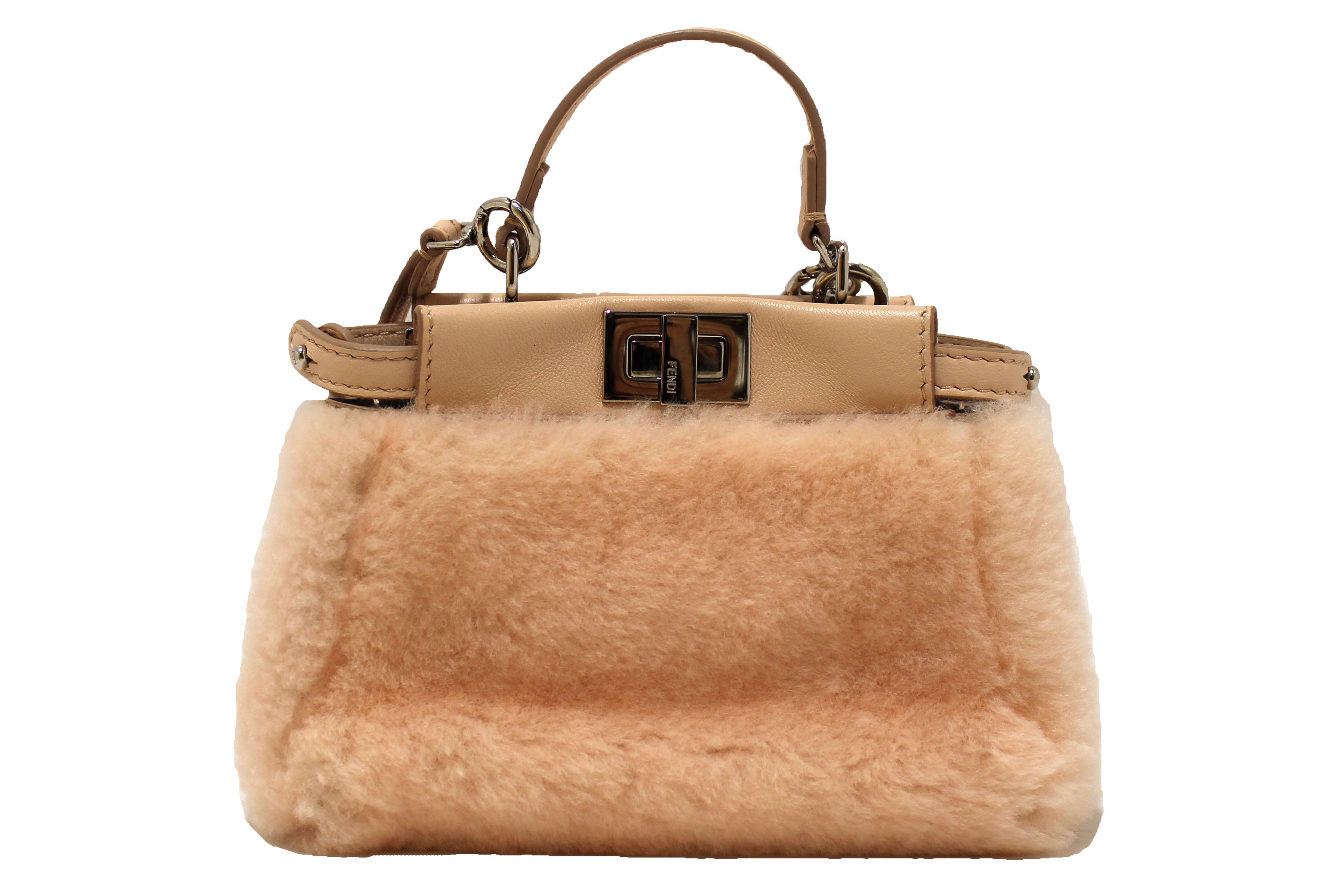 Authentic Fendi Pink Shearling and Leather Micro Peekaboo Bag