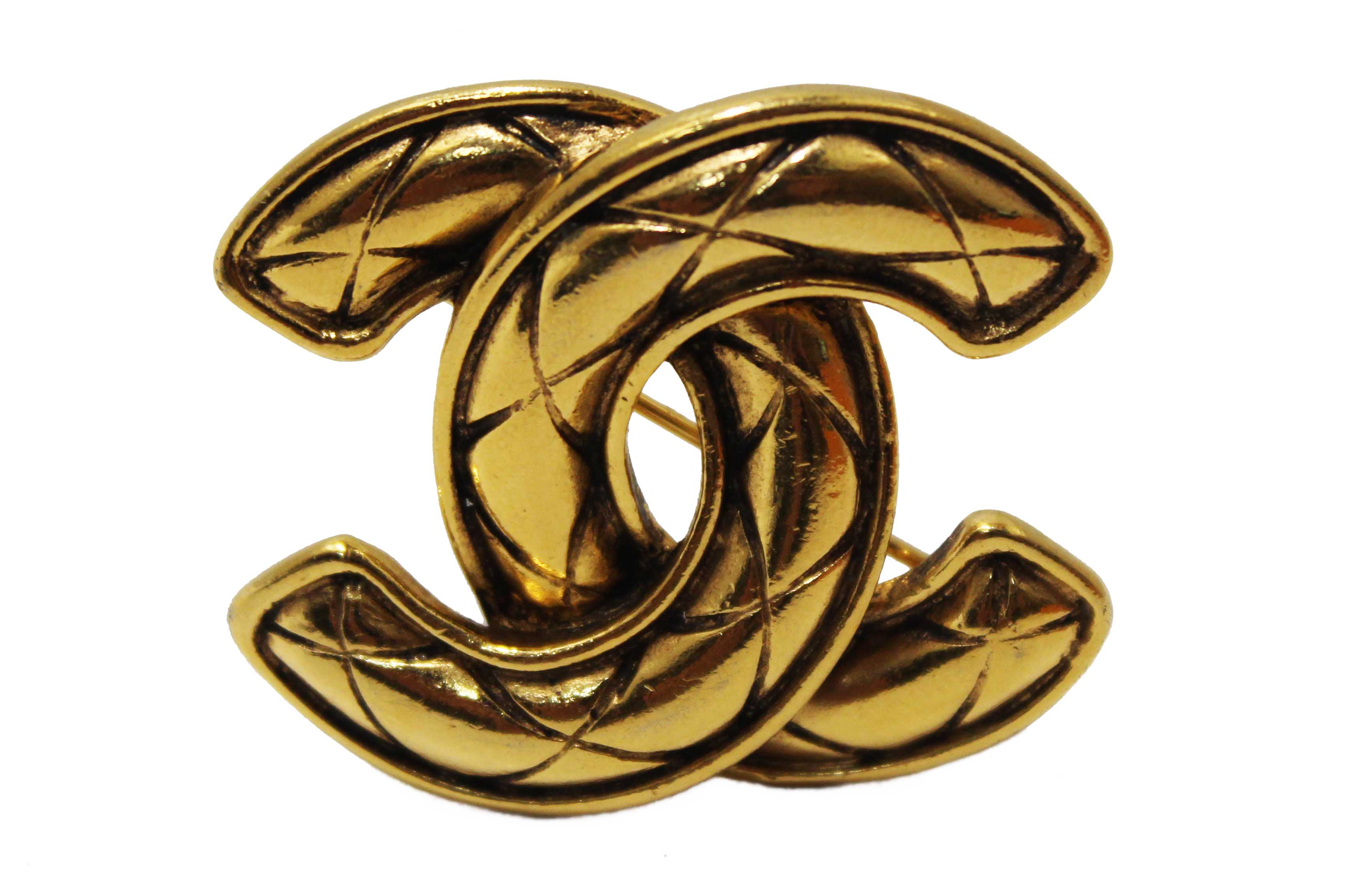 Authentic Chanel Vintage Gold Plated Diamond-Pattern CC Brooch