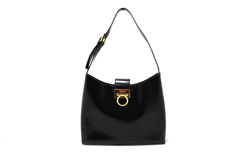 Authentic Salvatore Ferragamo Vintage Black Leather Shoulder Bag