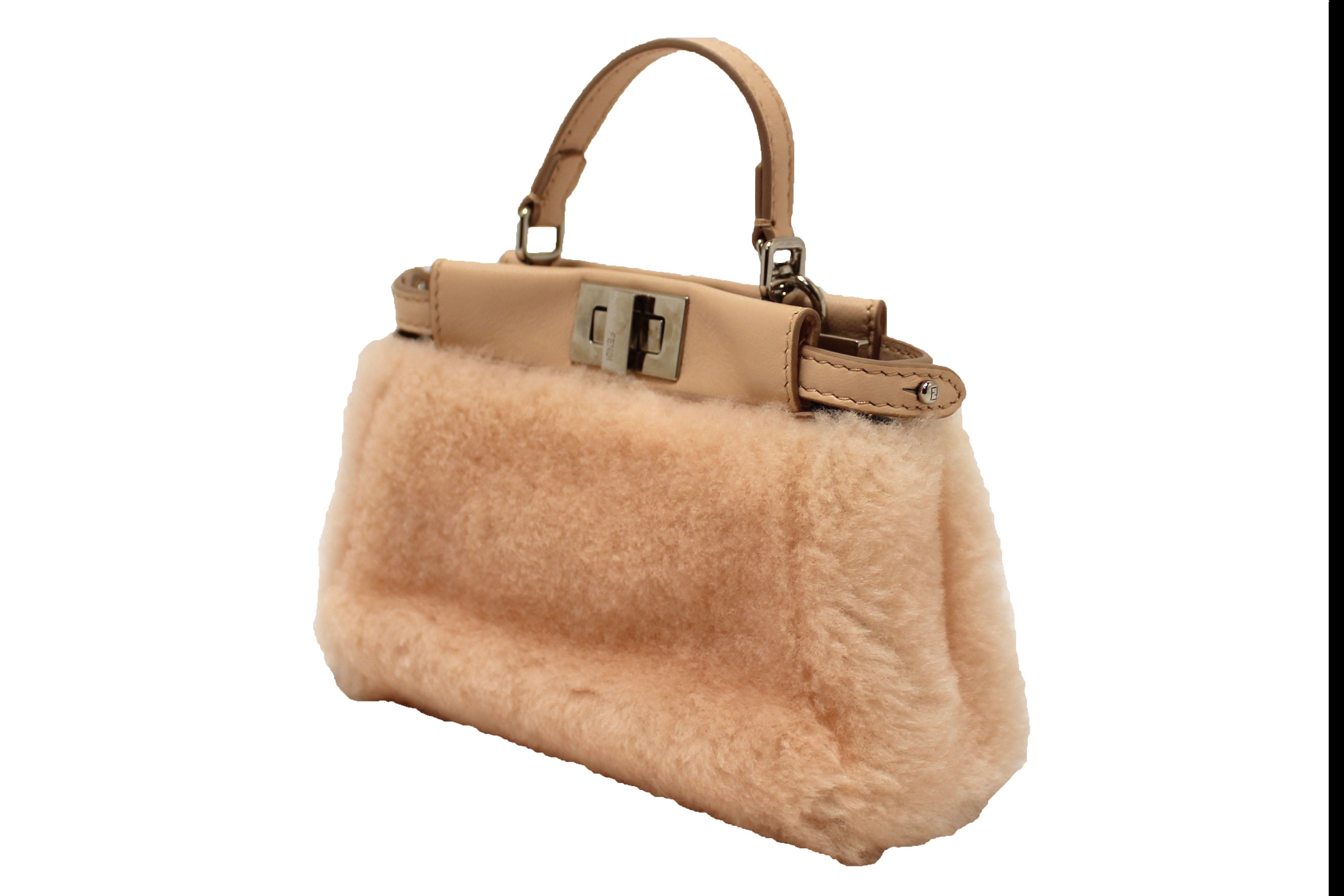 Authentic Fendi Pink Shearling and Leather Micro Peekaboo Bag