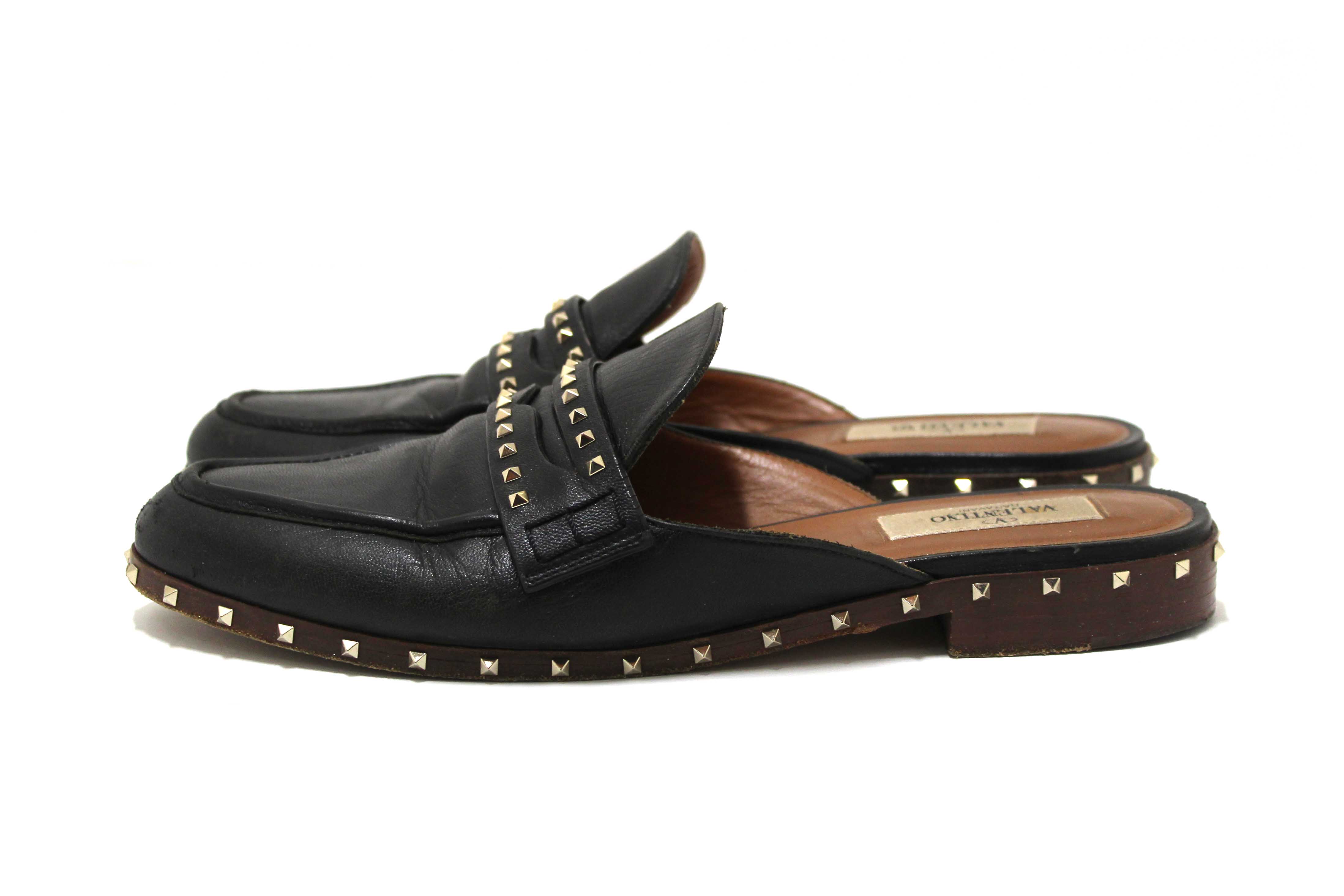 Authentic Valentino Black Leather Rockstuds Mules Flat Shoes Size 36.5