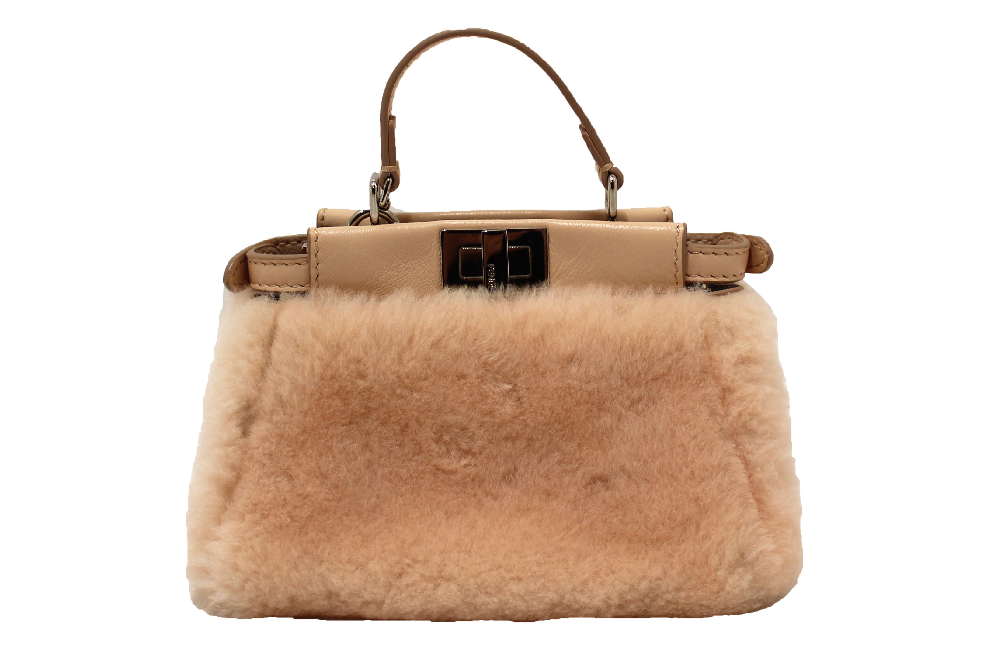 Authentic Fendi Pink Shearling and Leather Micro Peekaboo Bag