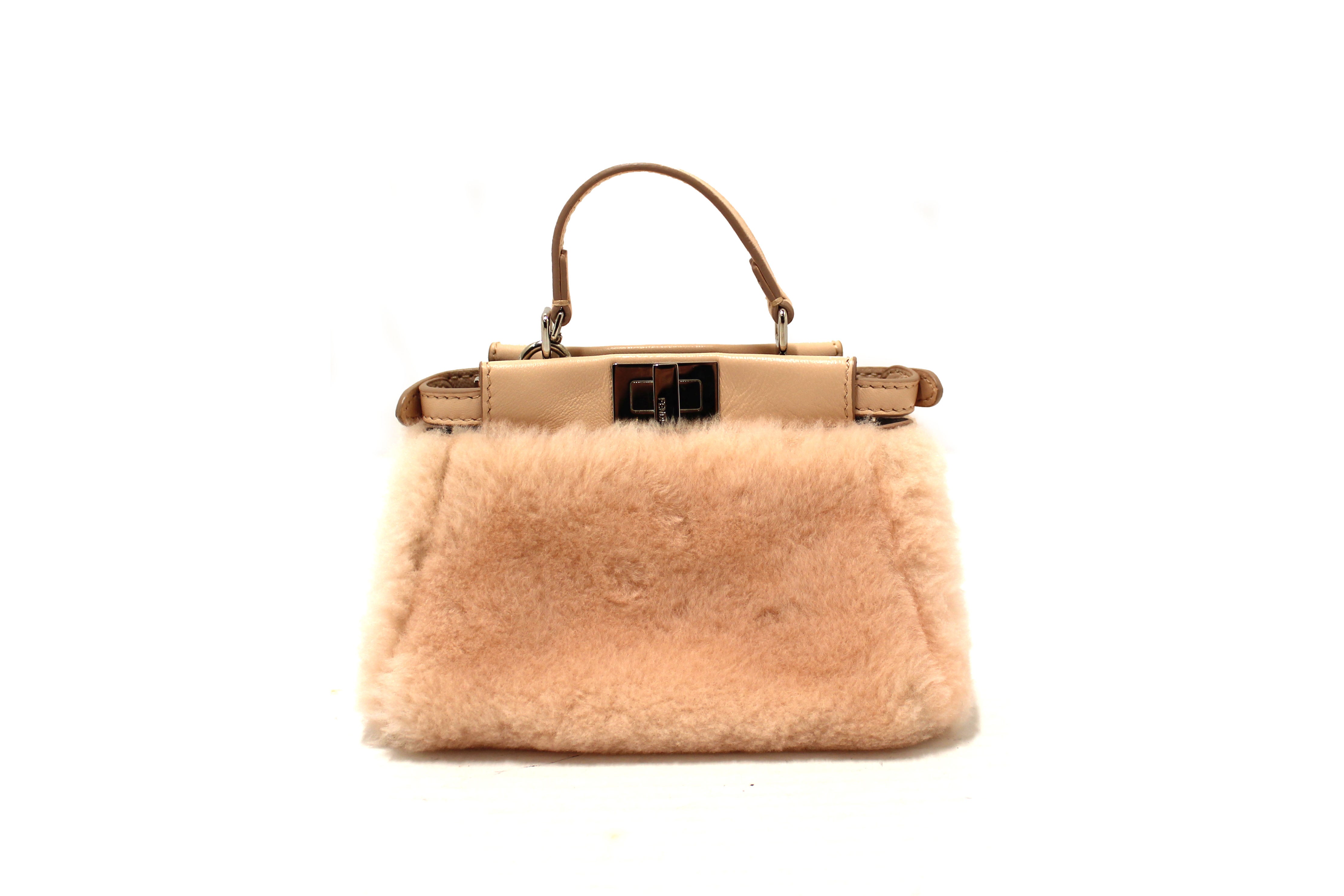 Authentic Fendi Pink Shearling and Leather Micro Peekaboo Bag