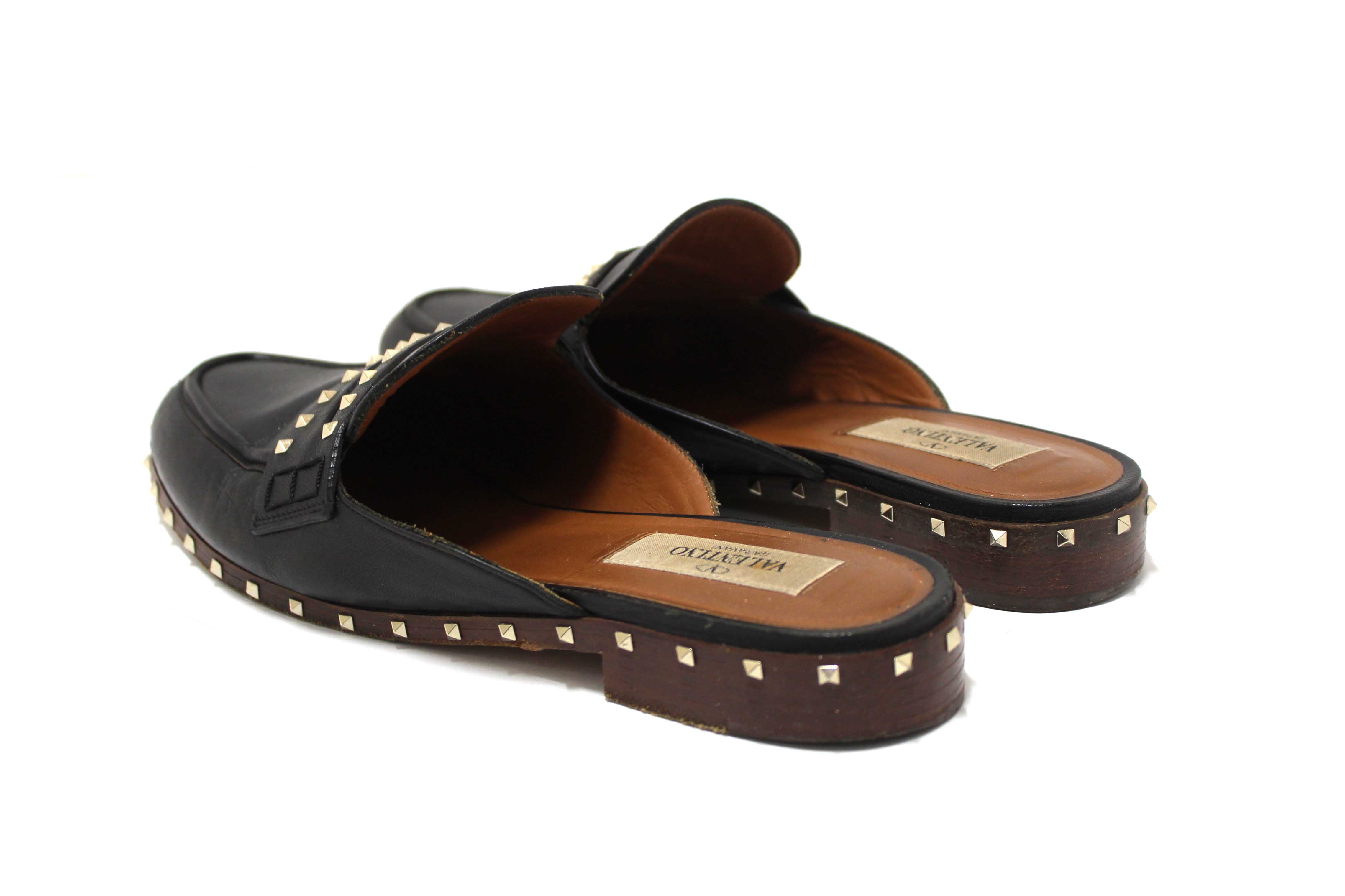 Authentic Valentino Black Leather Rockstuds Mules Flat Shoes Size 36.5